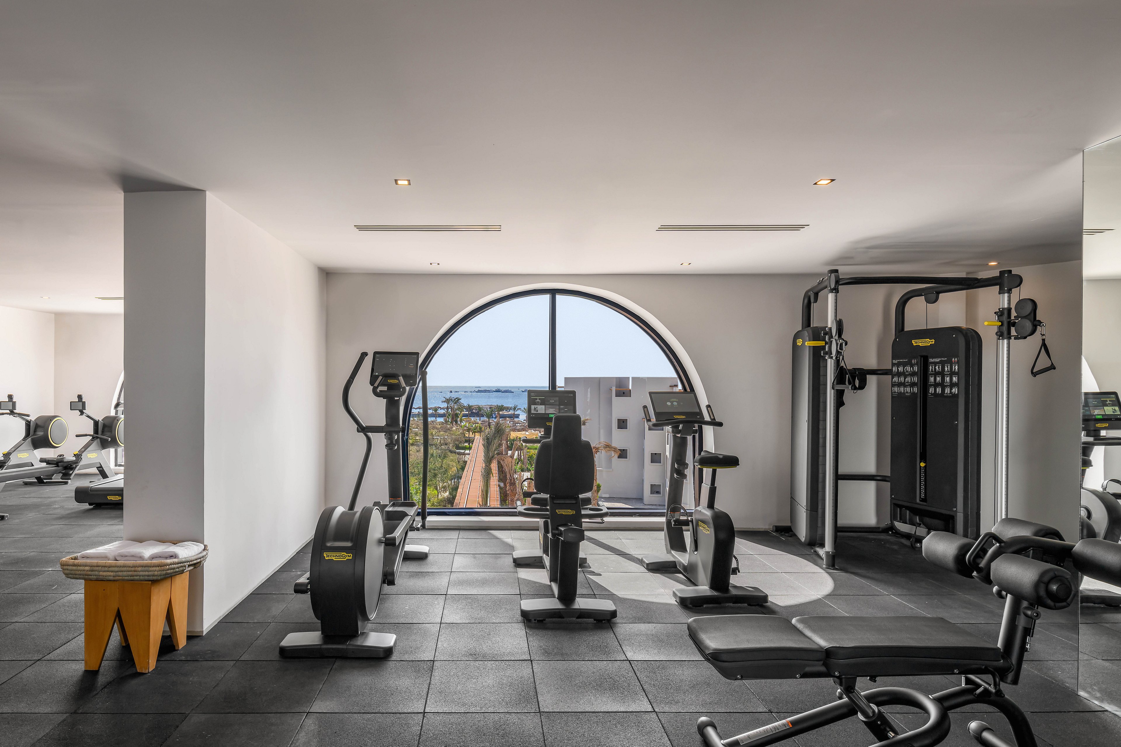 A contemporary gym features various exercise machines, including stationary bikes and weight equipment, arranged on a black tiled floor. The space is well-lit with natural light streaming through a large arched window, offering a scenic view of the outdoors. The minimalist design and neutral color palette create a clean, inviting atmosphere for fitness activities. No visible people or text are present in the image.
