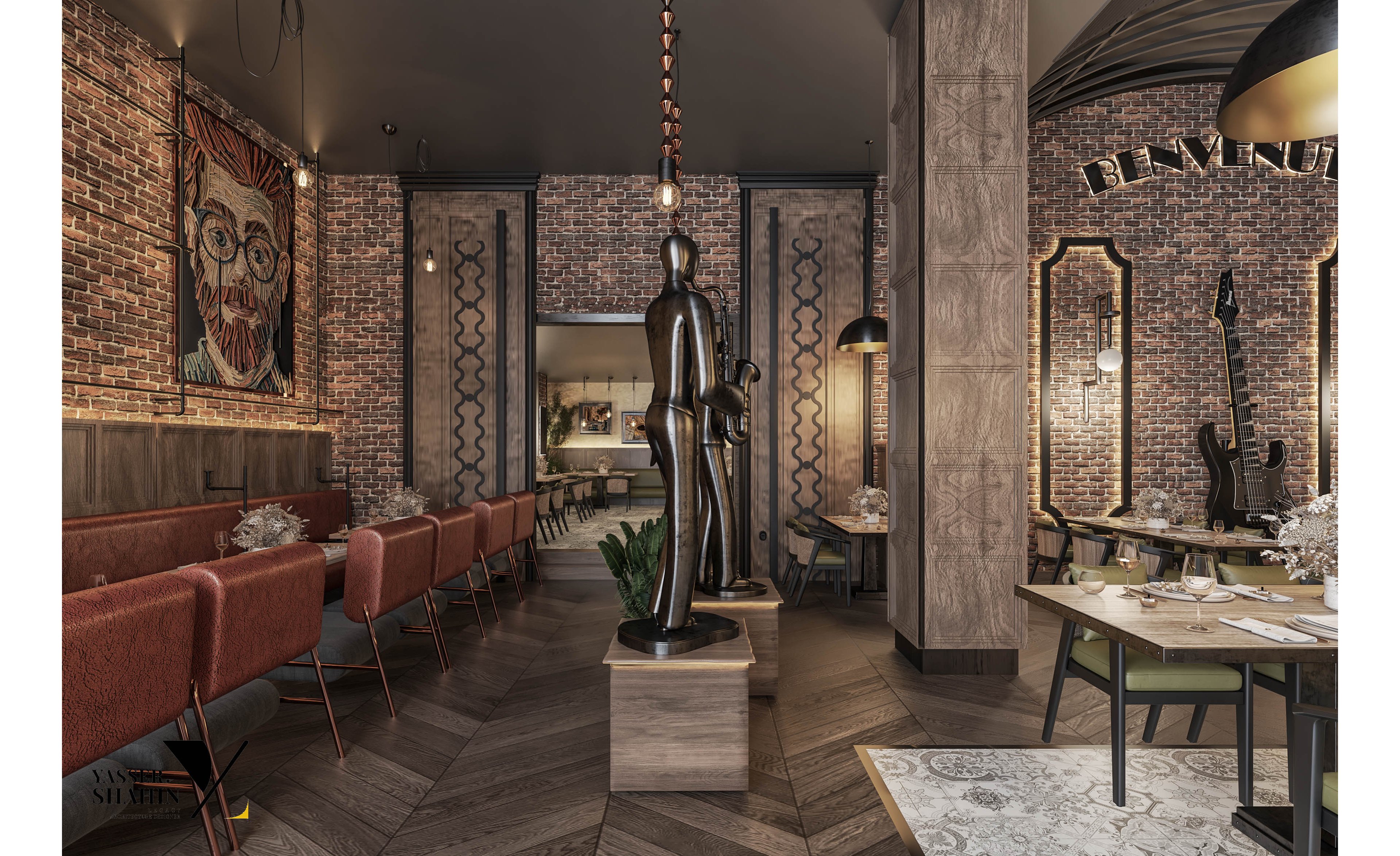 A contemporary restaurant features exposed brick walls, eclectic artwork, and modern sculptures as focal points. The seating includes red upholstered chairs and wooden tables, arranged in a stylish and inviting setting. Warm lighting and decorative elements create a cozy, artistic atmosphere. The word 'BENVENUTI' is clearly visible on a mirrored wall, welcoming guests. The overall palette is earthy with accents of red and black.