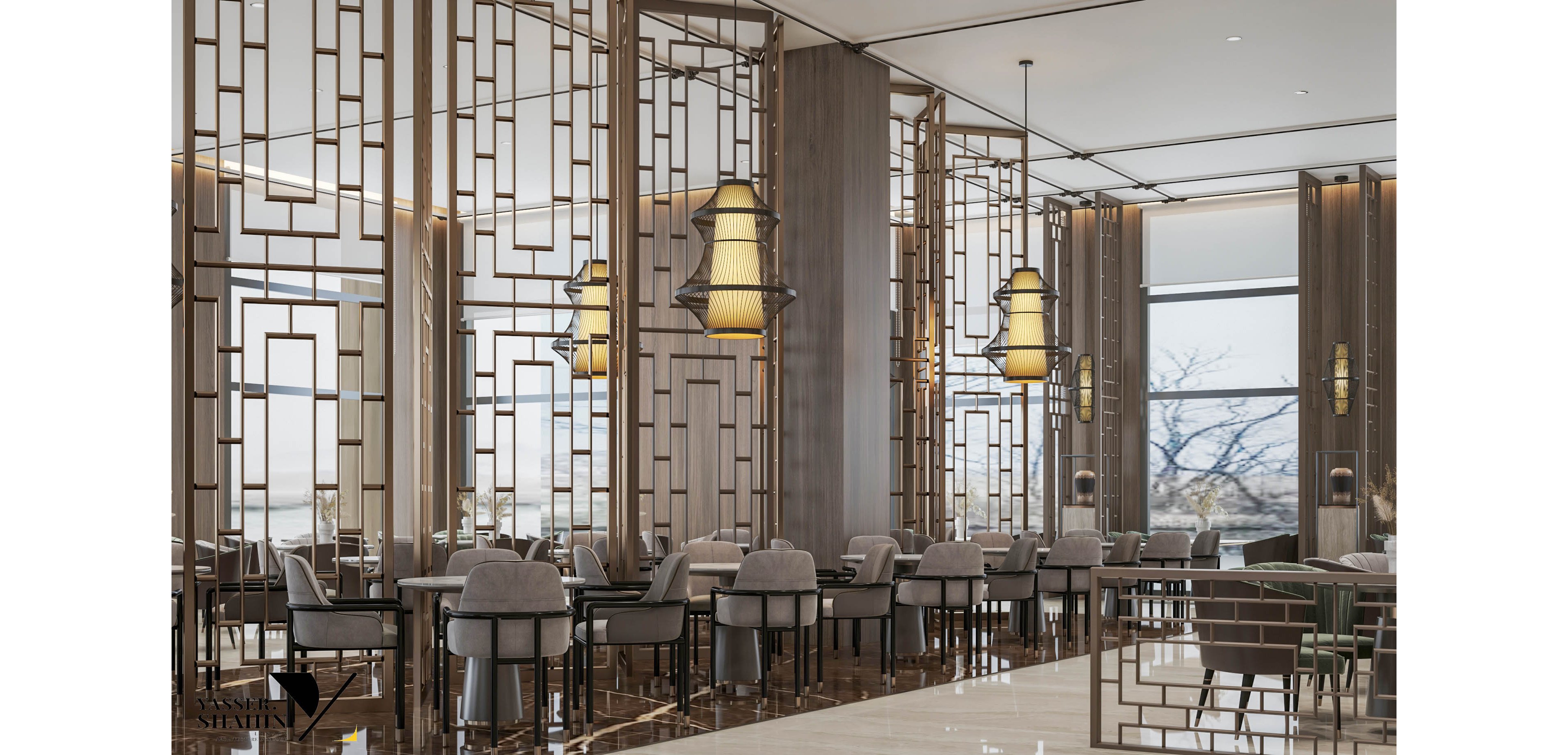 This image features a spacious, contemporary restaurant interior with elegant geometric metal partitions dividing the seating areas. The setting is bright and airy, with large windows allowing natural light to fill the space. Neutral tones and plush seating create a sophisticated and inviting atmosphere, while unique pendant lighting adds visual interest. No visible text or numbers are present in the image.