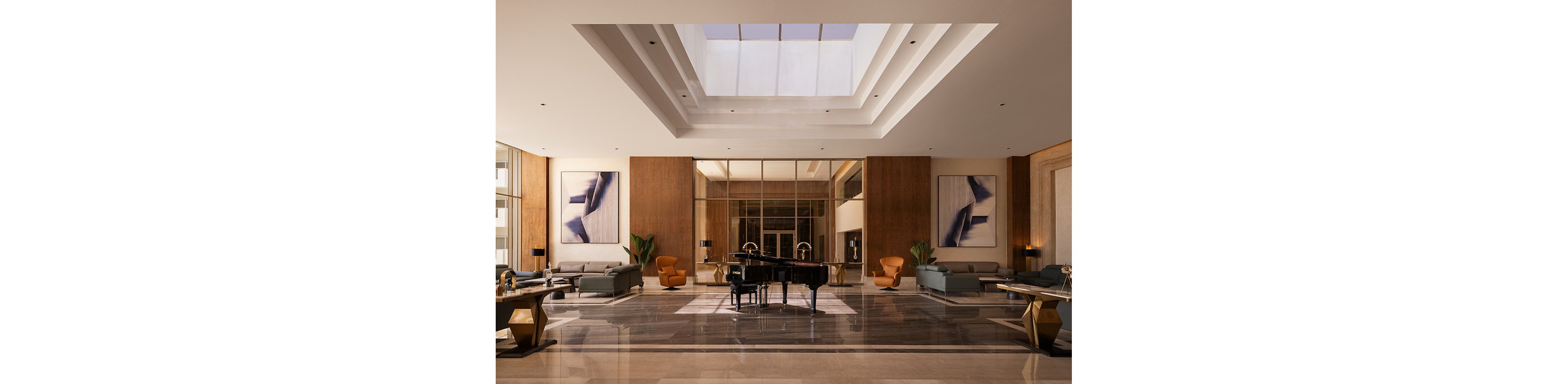 A spacious hotel lobby features a grand piano as its centerpiece, surrounded by contemporary seating arrangements. The setting is illuminated by a large skylight, allowing natural light to flood the area. Warm wood paneling, abstract wall art, and polished marble floors create a sophisticated and inviting atmosphere. No visible text or numeric values are present in the image.
