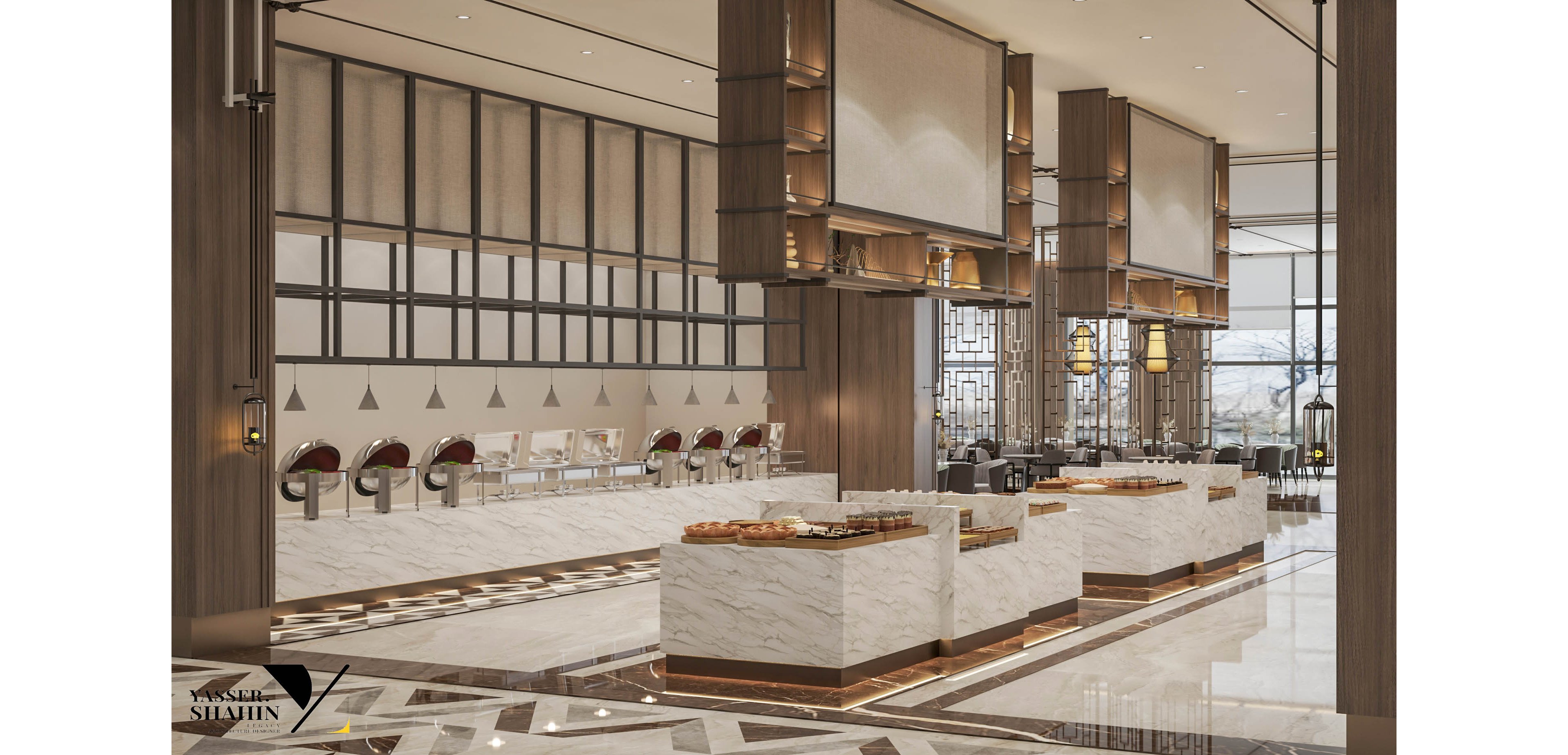 A spacious, contemporary hotel lobby features sleek marble counters and a polished floor. The setting includes a row of modern chairs along one wall and geometric wooden accents suspended from the ceiling. Warm lighting and neutral tones create an inviting, upscale atmosphere. The visible text 'YASSER SHAHIN' appears in the lower left corner.