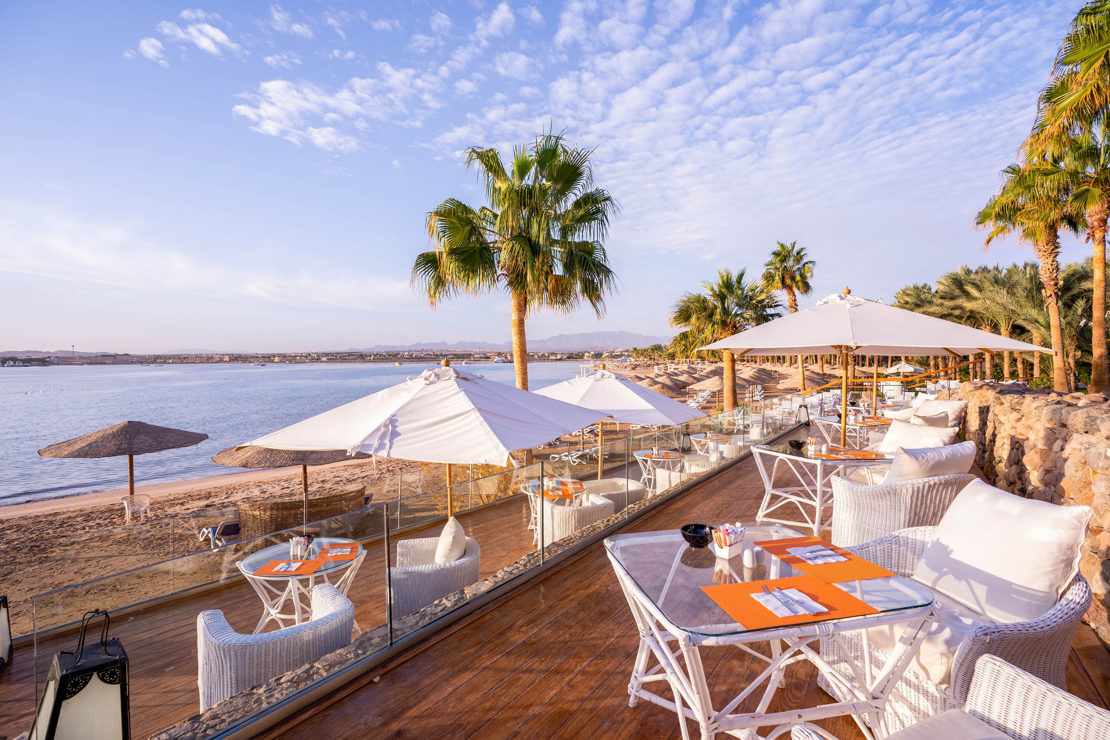 A stylish outdoor cafe terrace overlooks a tranquil beach, featuring white wicker chairs and tables set with orange placemats. Large white umbrellas provide shade, while palm trees add a tropical ambiance to the scene. The calm sea and sandy shore create a relaxing atmosphere, perfect for leisure dining. The setting is bright and inviting, with a warm, natural color palette.