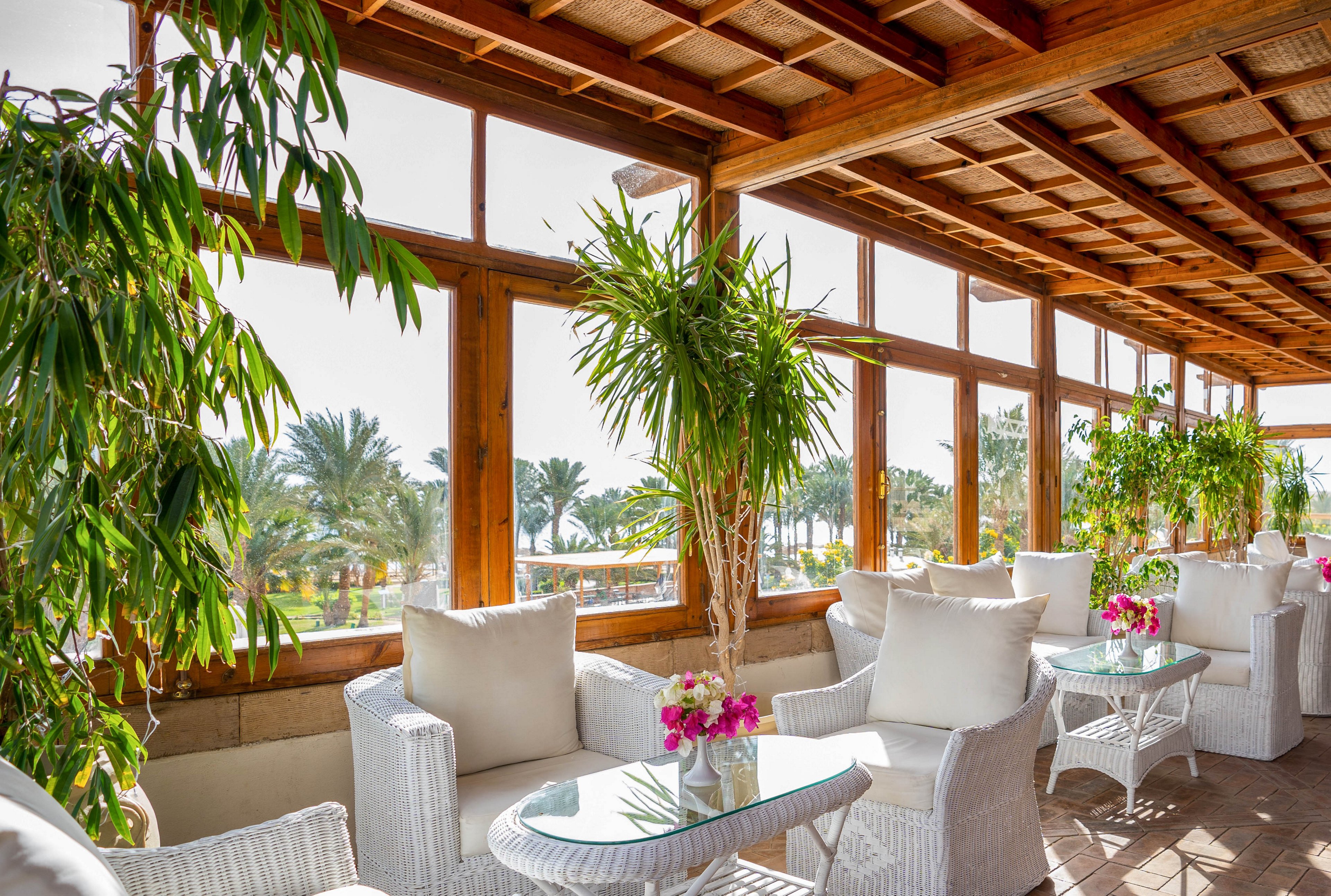 A spacious indoor lounge area features white wicker chairs and glass tables, each adorned with small vases of pink flowers. Large windows let in abundant sunlight and offer views of palm trees and a lush outdoor landscape. The setting is airy and inviting, with green potted plants enhancing the relaxed, tropical atmosphere. The wooden ceiling and neutral palette create a warm, natural style.