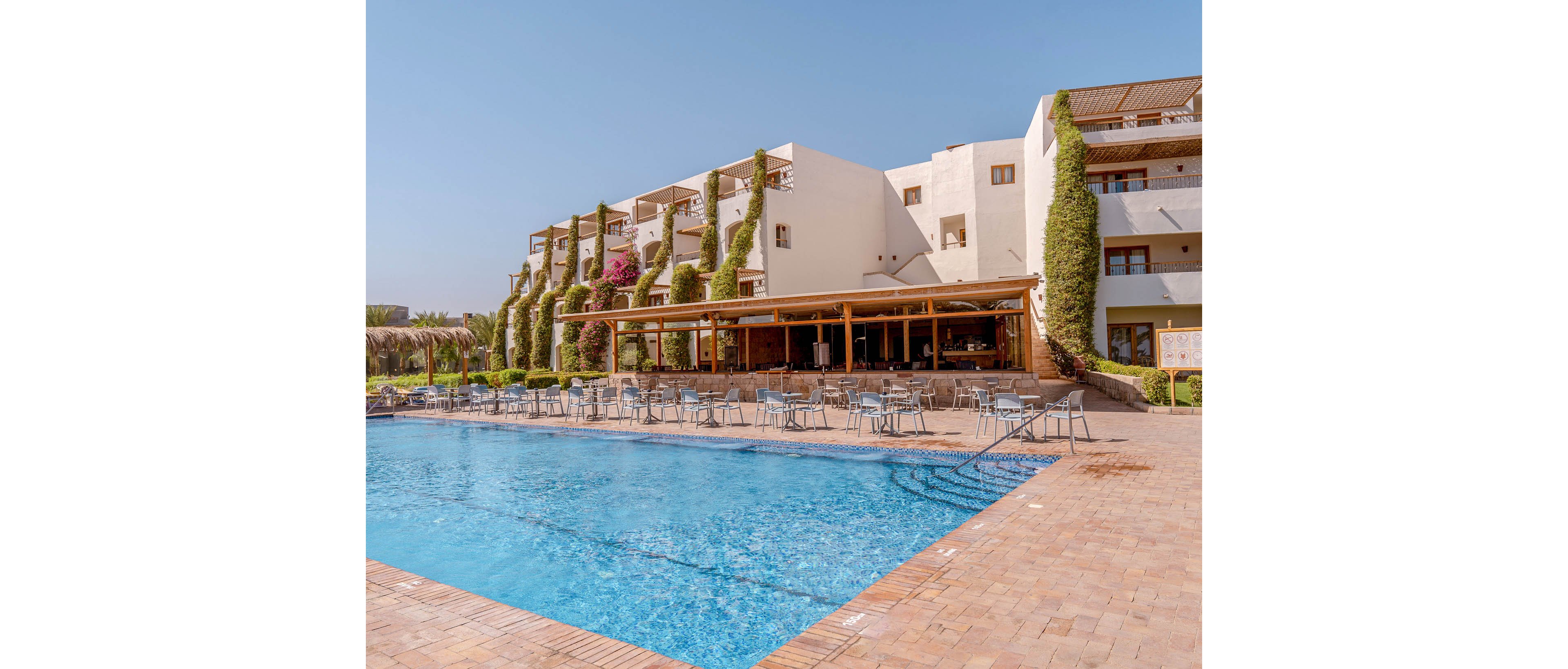 A contemporary hotel building features lush green vines climbing its white facade, with balconies overlooking a spacious outdoor swimming pool. The pool area is surrounded by numerous empty chairs and tables, suggesting a tranquil and inviting atmosphere. The clear blue sky and warm sunlight enhance the relaxed, vacation-like mood. No visible text or numbers are present in the image.