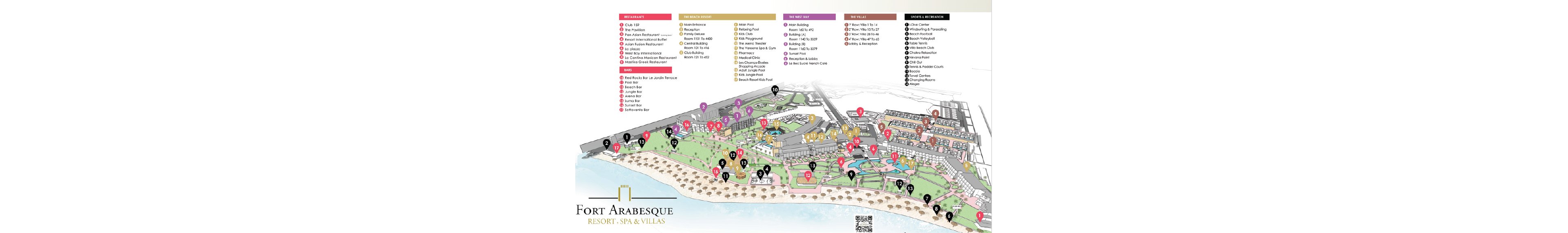 This illustrated map displays the layout of Fort Arabesque Resort, Spa & Villas, highlighting various amenities, restaurants, pools, and recreational areas. The map includes color-coded legends for restaurants, bars, pools, villas, and sports activities, with numbered markers corresponding to each location. Visible text includes facility names such as 'Club 159', 'The Beach House', and 'The Villas', as well as a QR code and the resort's full name. The setting is a beachfront resort with landscaped gardens, pathways, and multiple buildings. The visual style is clean and informative, using pastel and neutral tones.