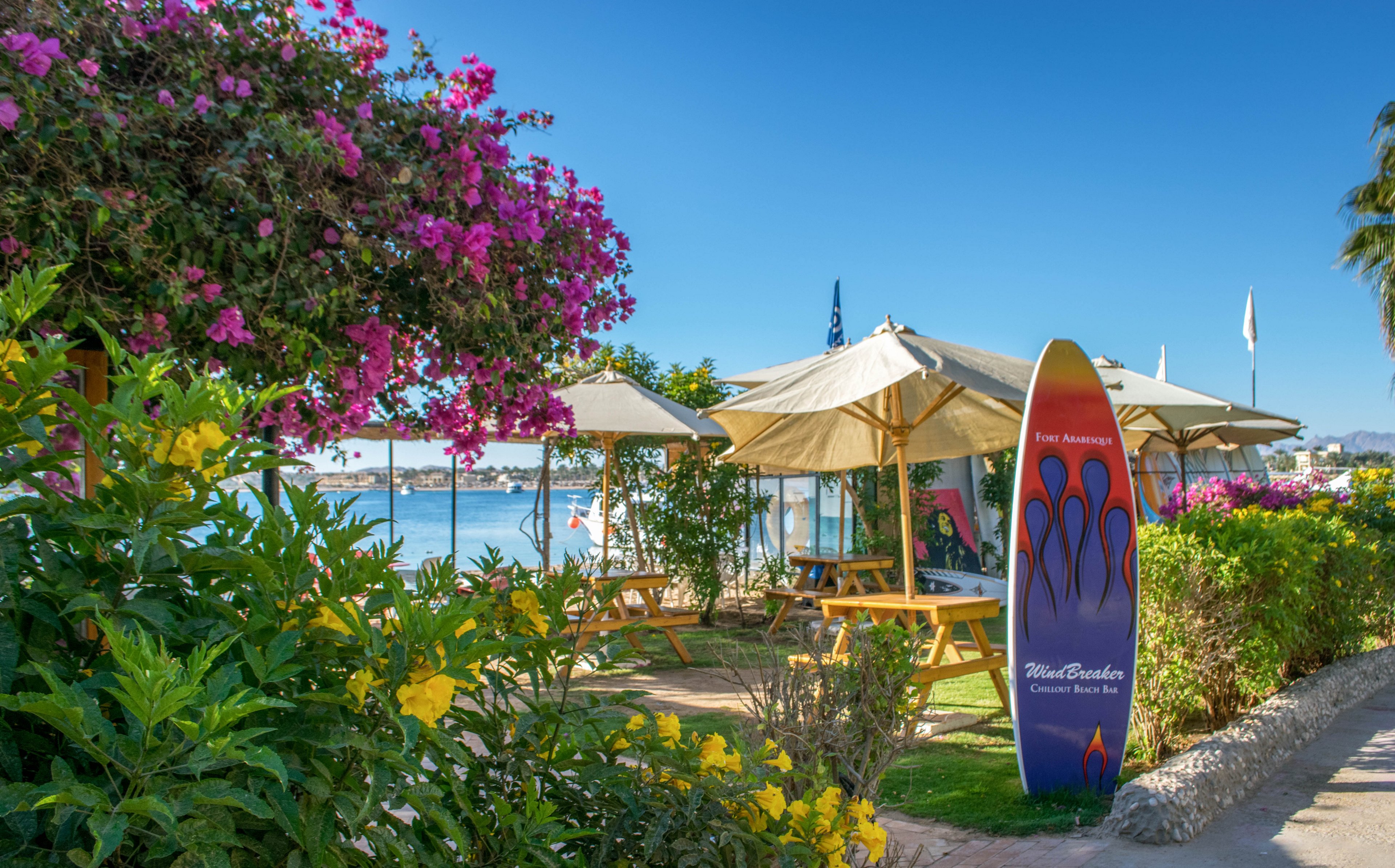 A vibrant outdoor café is set along a scenic beach, featuring wooden tables shaded by large white umbrellas. A colorful surfboard with visible text stands at the entrance, surrounded by lush flowering plants and palm trees. The clear blue sky and calm water create a relaxed, inviting atmosphere, ideal for leisure and dining by the sea.