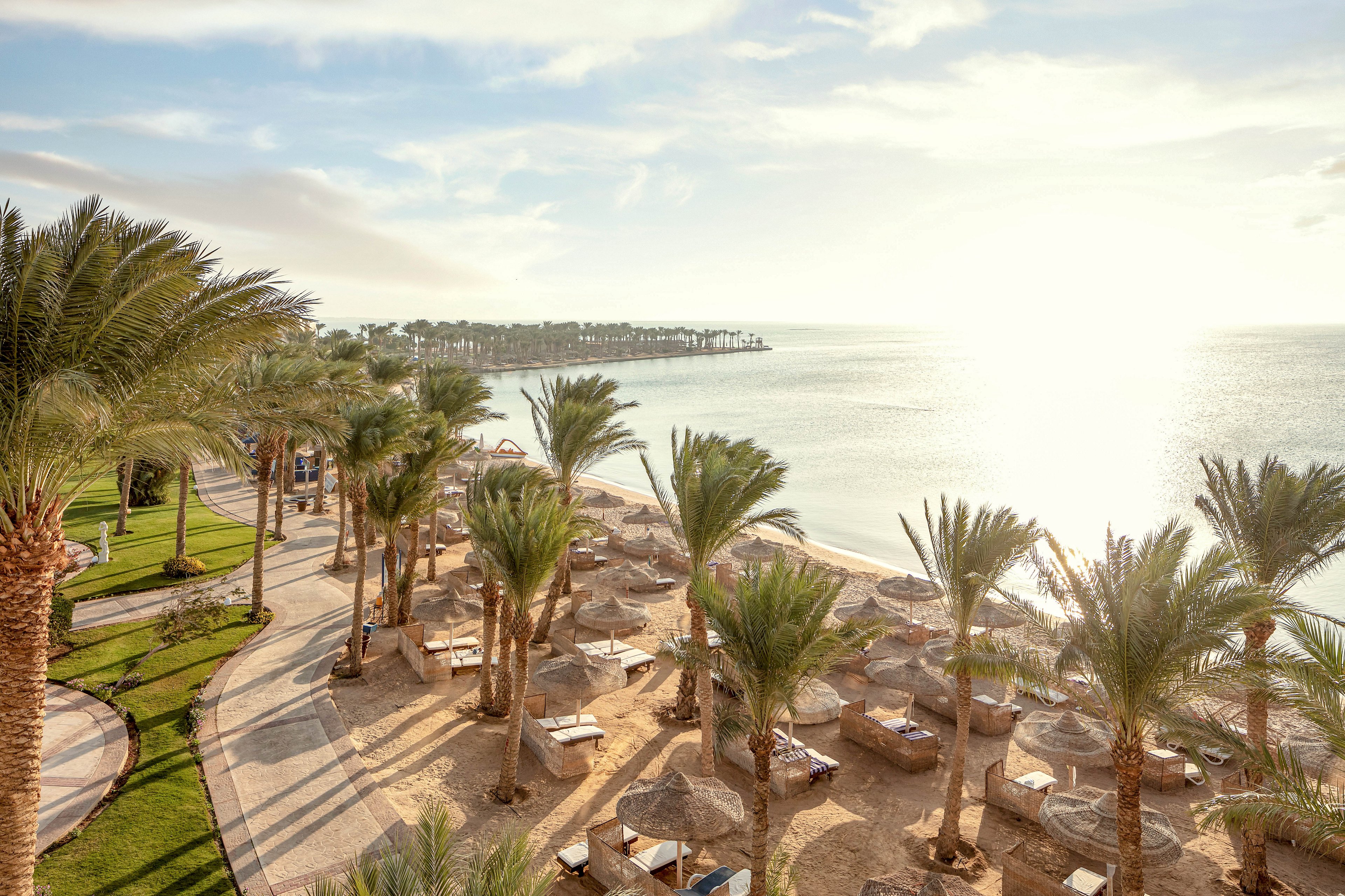 A scenic beachfront resort features rows of palm trees and numerous sun loungers shaded by thatched umbrellas. The setting is a tranquil coastline with calm waters and a clear sky, suggesting a relaxing vacation atmosphere. The image is bathed in warm, golden sunlight, enhancing the tropical mood and inviting ambiance.