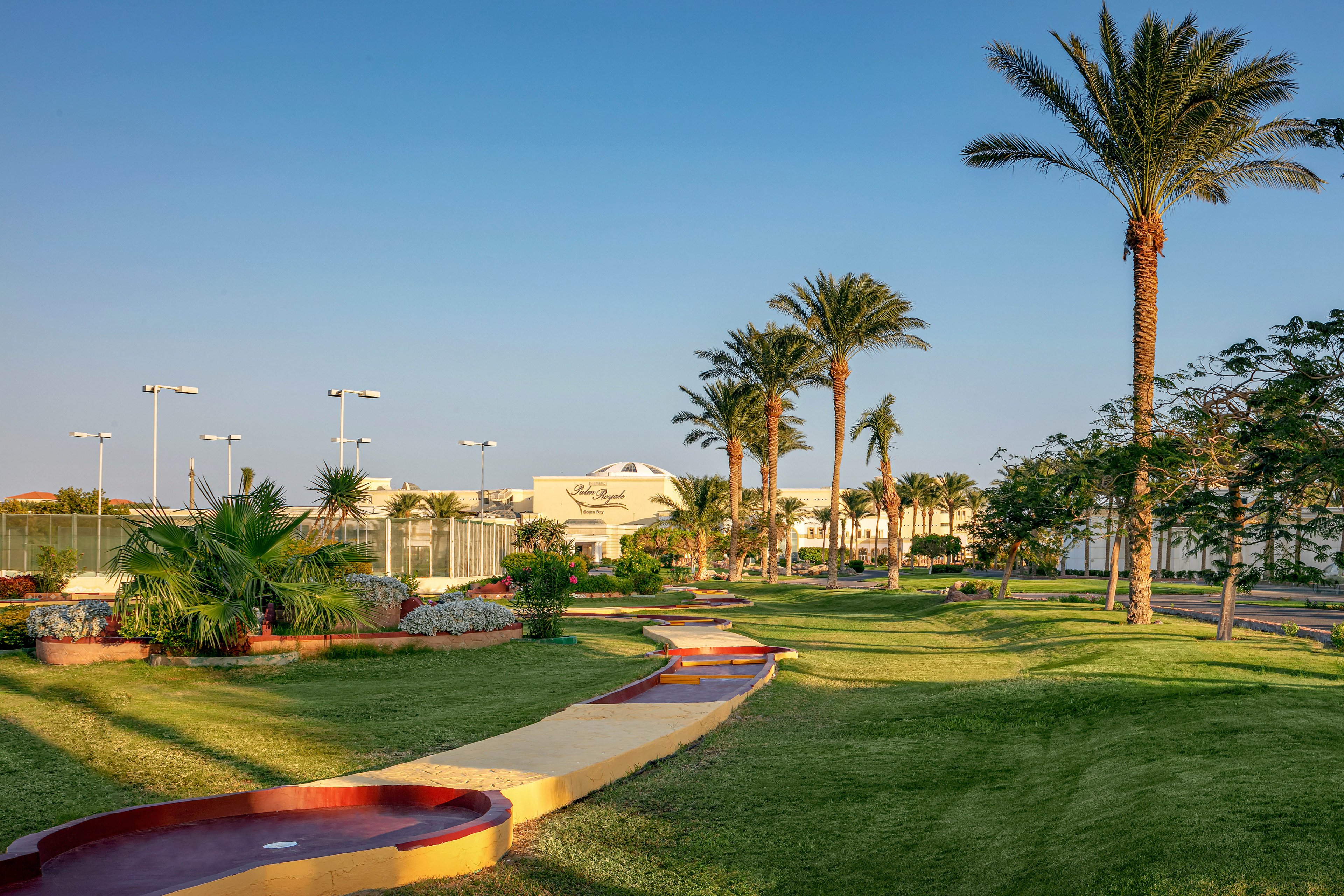 A well-maintained garden features a winding paved pathway surrounded by lush green grass and tall palm trees. The setting is outdoors, with clear blue skies and sunlight casting gentle shadows. Decorative shrubs and flower beds add color and texture, while buildings and tennis courts are visible in the background. The overall mood is tranquil and inviting, ideal for leisure or recreation.
