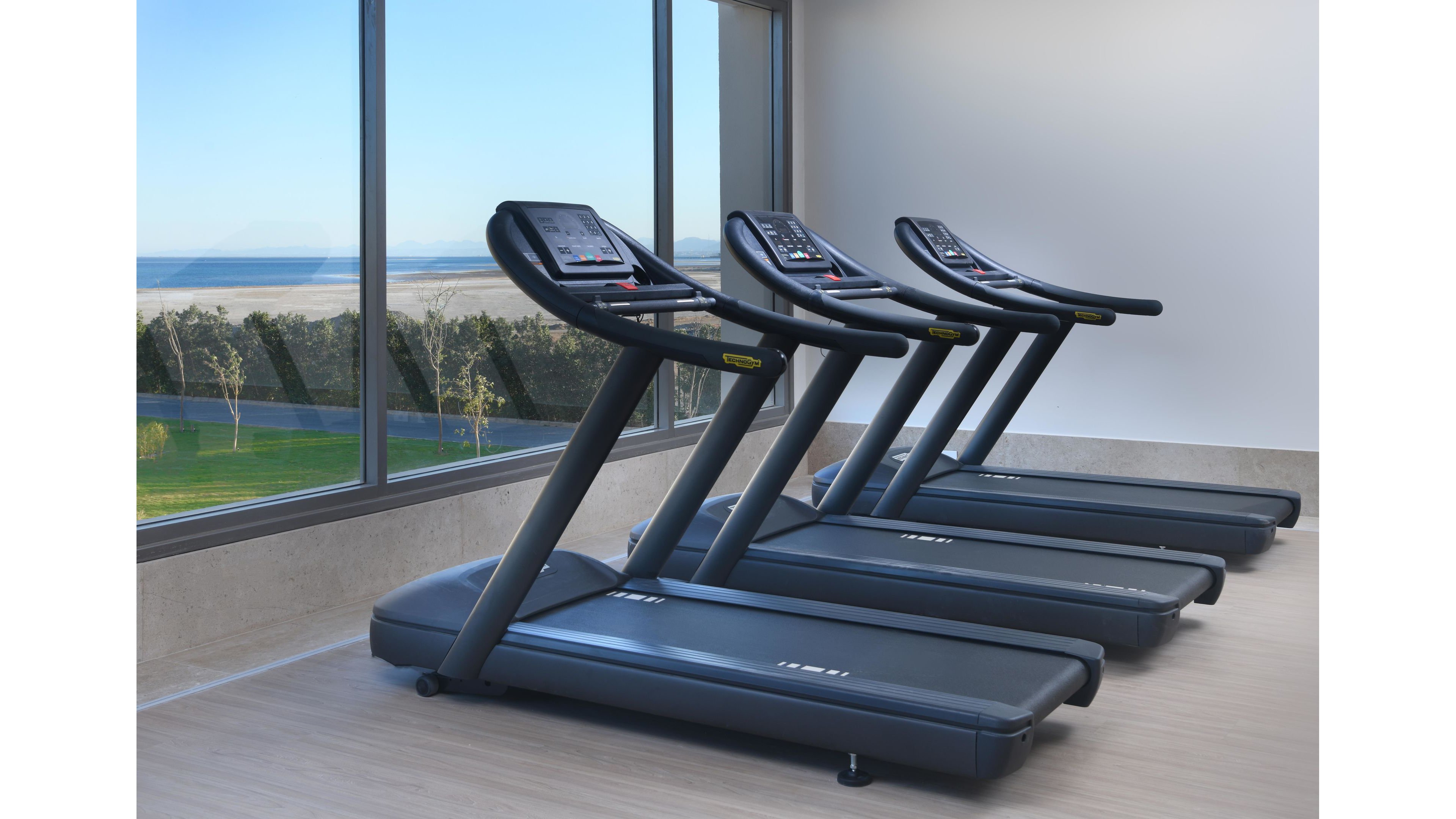 Three sleek treadmills are lined up in a bright, contemporary gym space. Large windows reveal a scenic outdoor landscape with trees and water, creating an open and inviting atmosphere. The treadmills feature digital displays and are positioned on light wood flooring, emphasizing a clean and modern aesthetic. No people are present in the image.