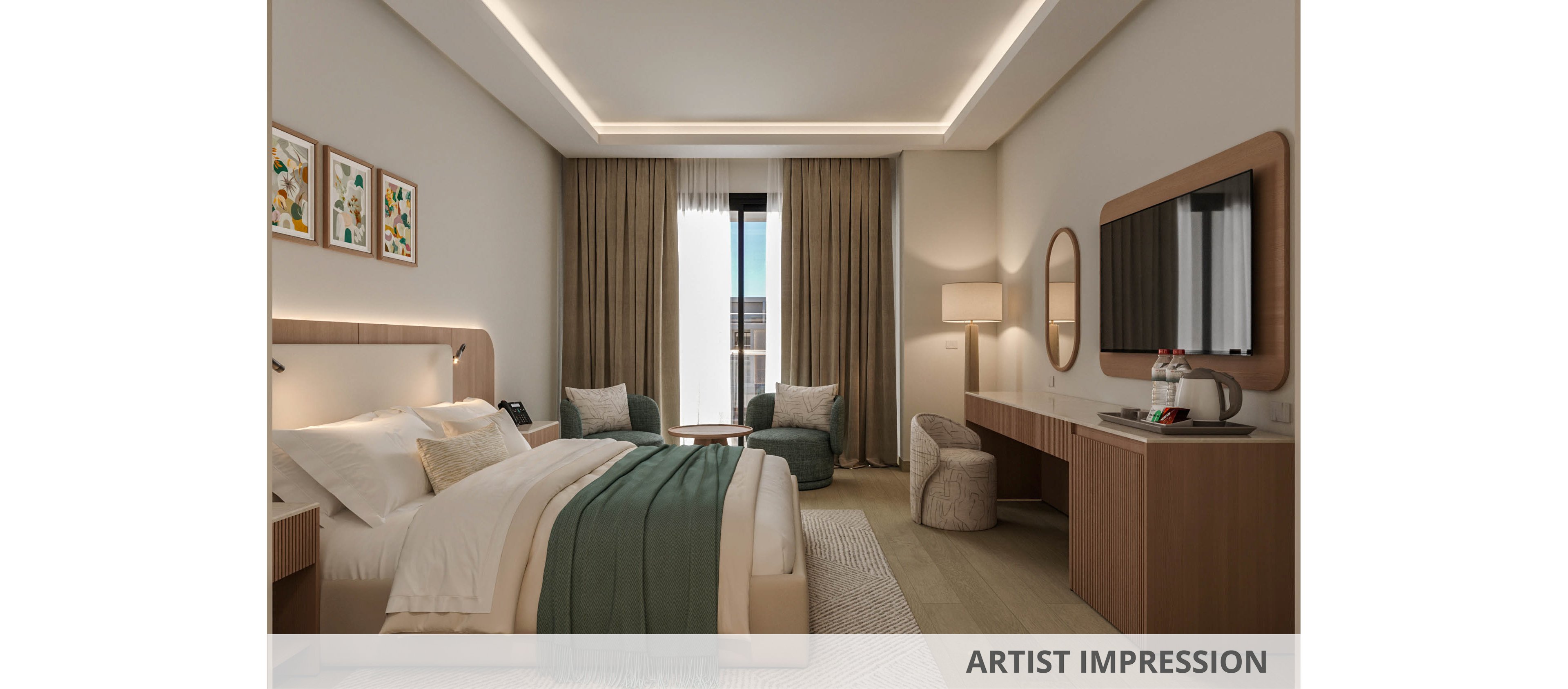 A contemporary hotel bedroom features a large neatly made bed with white linens and a green throw blanket. The room includes a wall-mounted television, a long wooden desk with a mirror, and a small seating area with two armchairs and a round table. Floor-to-ceiling curtains frame a tall window that lets in natural light. Soft, warm lighting and minimalist artwork create a calm, inviting atmosphere.