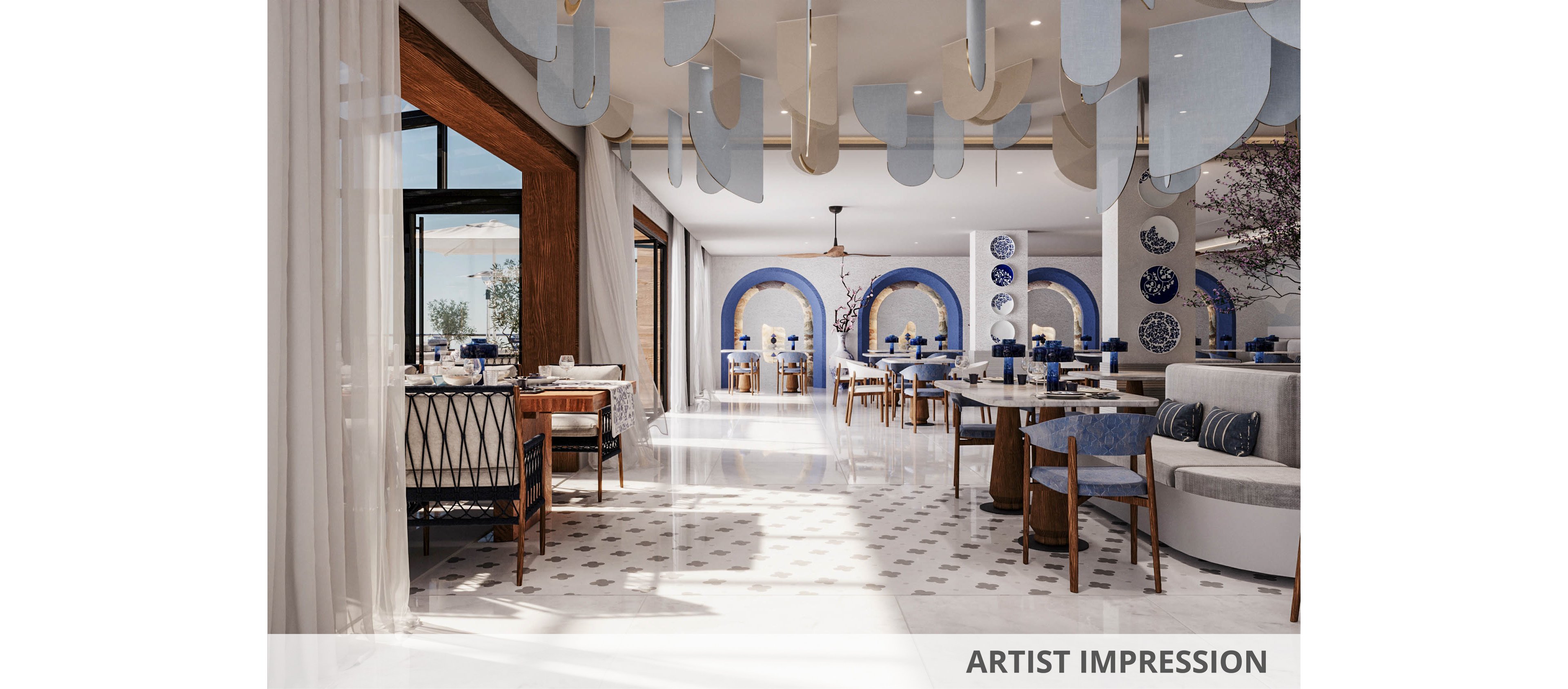 A spacious, sunlit restaurant interior features white marble floors and contemporary furnishings. Blue and white arches frame the dining area, complemented by matching chairs and decorative wall plates. Sheer curtains and large windows allow natural light to flood the space, creating an airy atmosphere. Sculptural ceiling elements and neatly arranged tables contribute to a modern, Mediterranean-inspired design.