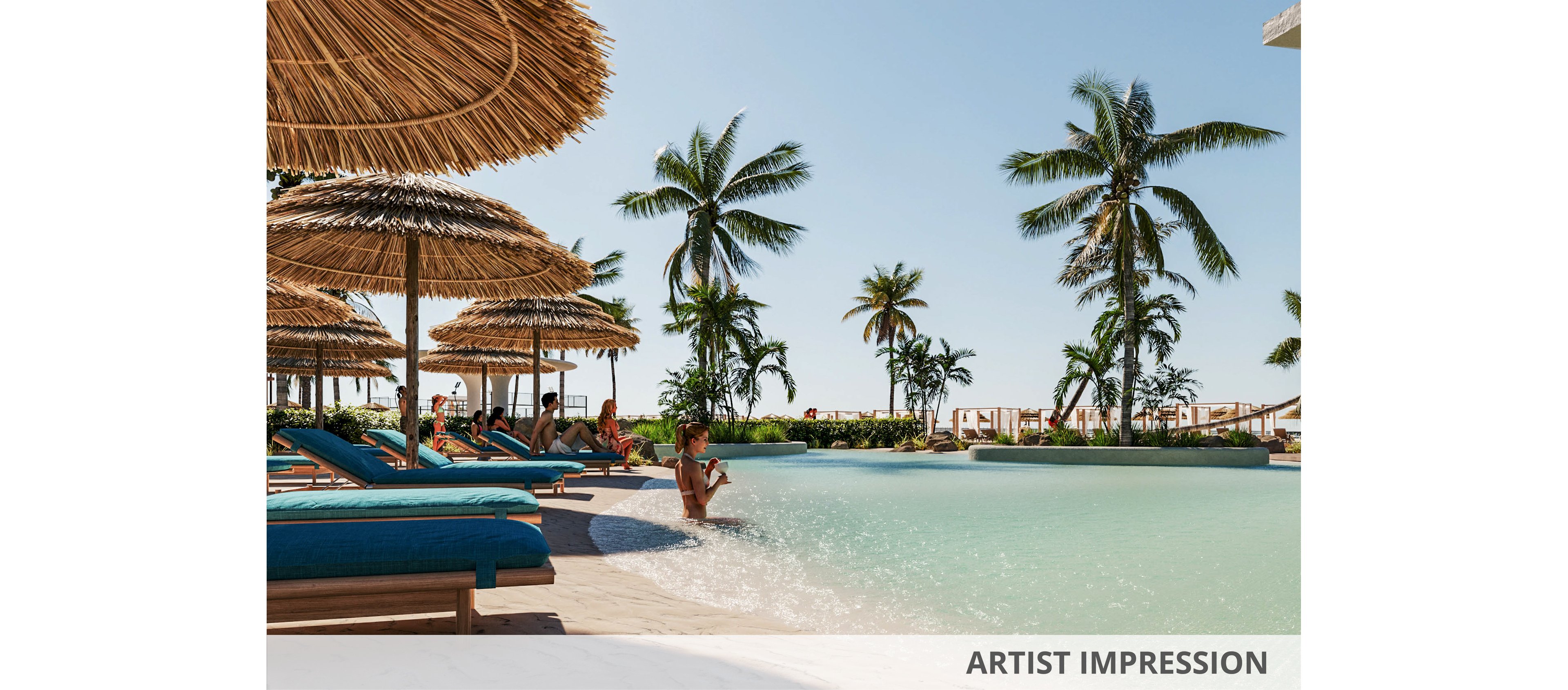 A serene tropical resort pool is lined with teal lounge chairs under large thatched umbrellas. Palm trees sway around the water’s edge, framing the bright blue sky and calm turquoise pool. A few people relax on the loungers and at the poolside, enjoying the sunny weather. The scene evokes a luxurious beach vacation atmosphere with clear, warm light and tranquil surroundings.