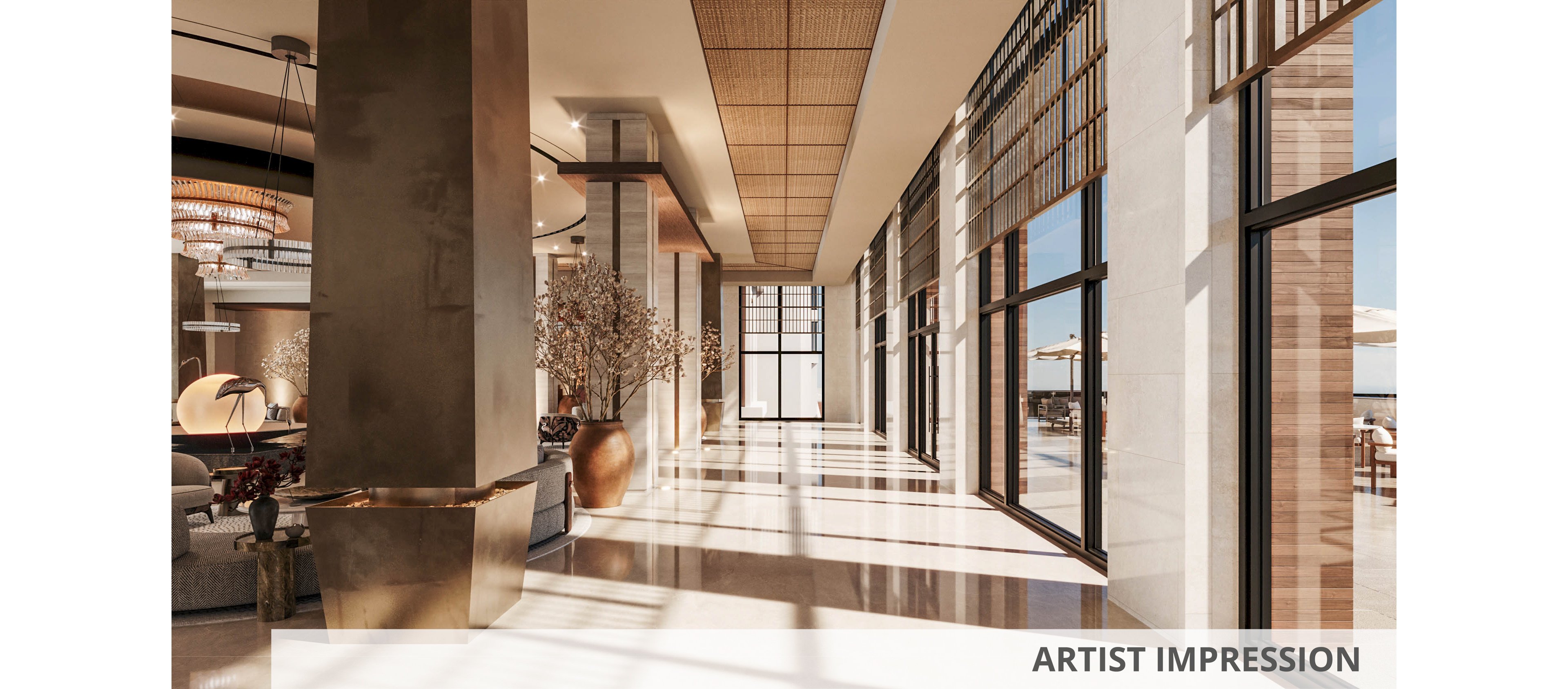 A bright, luxurious hotel lobby corridor is filled with warm natural light streaming through tall floor-to-ceiling windows. Polished stone floors and sleek columns create a refined, contemporary atmosphere. Large decorative vases with branches and elegant seating areas are visible to the side. Outside the windows, a terrace with umbrellas hints at an upscale outdoor lounge area.