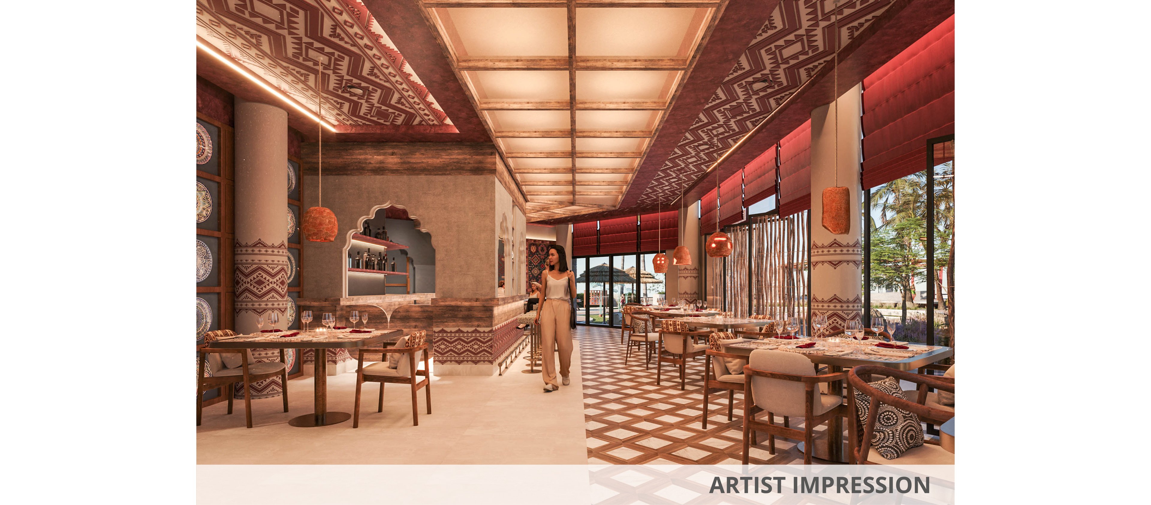 A stylish restaurant interior features warm lighting, patterned ceilings, and decorative wall plates. A woman walks through the center of the dining area, adding a sense of scale and movement. Tables and chairs are neatly arranged along large windows that let in natural light and views of trees outside. Earthy tones, geometric floor tiles, and hanging woven lamps create a cozy, contemporary ambiance.