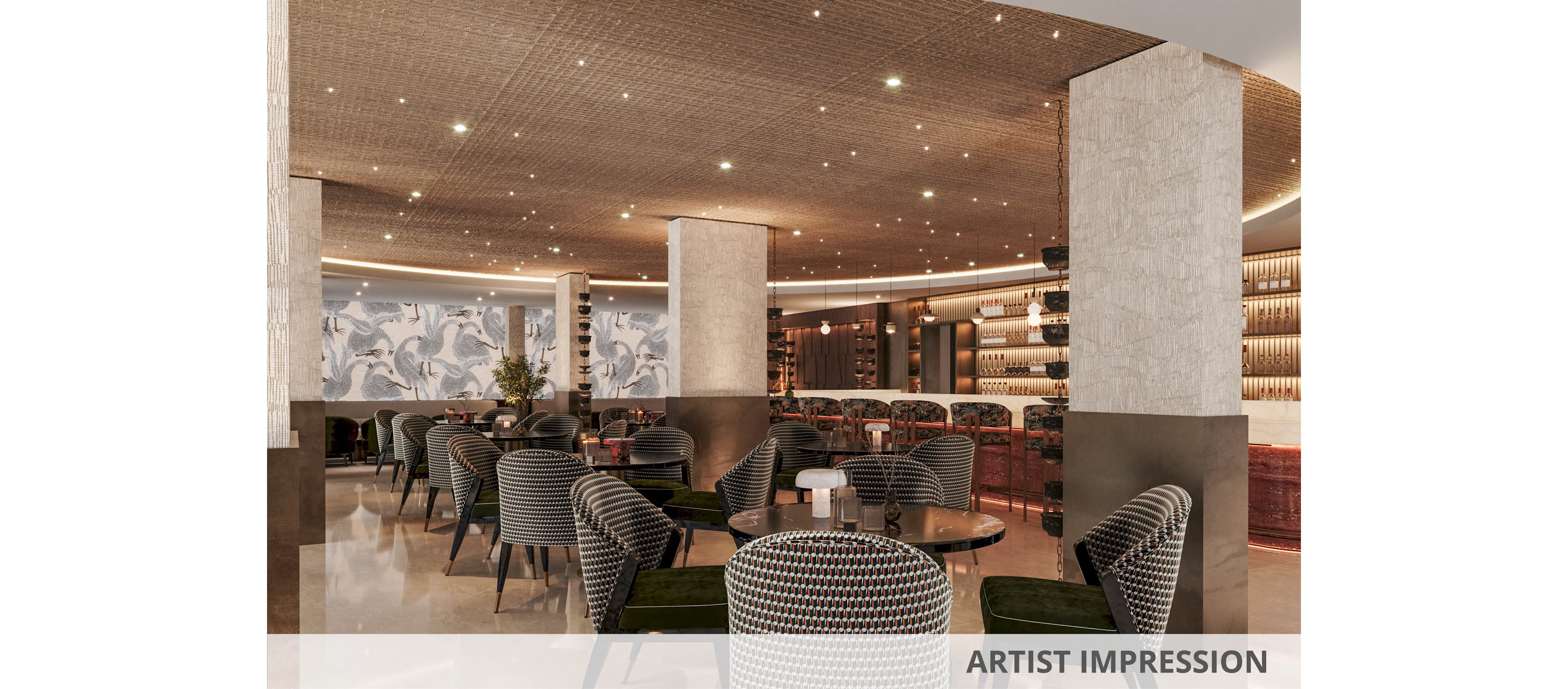 A contemporary restaurant interior features round tables and patterned upholstered chairs arranged in a spacious dining area. Soft, warm lighting from recessed ceiling lights and accent fixtures creates an inviting atmosphere. Large columns, a curved bar, and decorative wall art add sophistication to the space. The overall design emphasizes comfort, elegance, and a modern hospitality experience.