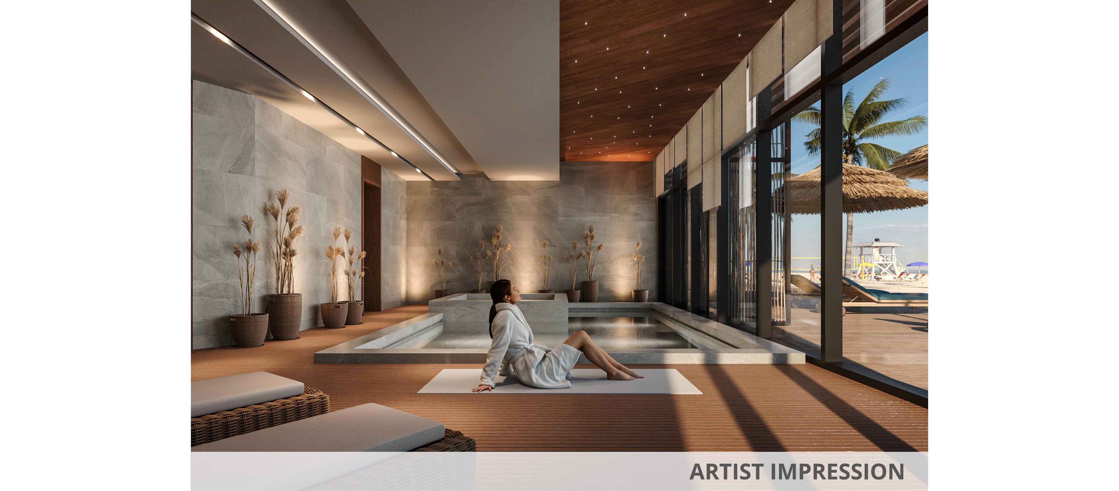 A woman in a white robe relaxes on a mat beside a modern indoor spa pool. The space features warm wooden floors, stone walls, and soft recessed ceiling lights. Large floor-to-ceiling windows open to a sunny outdoor terrace with palm trees and beach umbrellas. The overall atmosphere is calm, luxurious, and focused on wellness and relaxation.