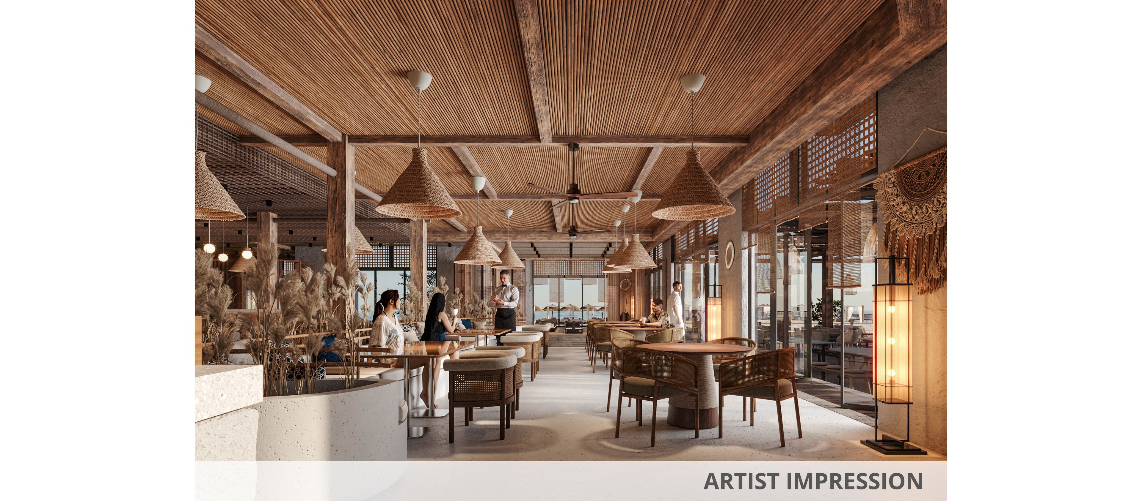 A contemporary restaurant interior features warm wood ceilings, woven pendant lights, and natural textures. Several people sit at tables while a server approaches, creating a relaxed dining atmosphere. Large windows open to an outdoor view, filling the space with natural light. Neutral tones, soft lighting, and organic decor elements give the scene a cozy, coastal feel.