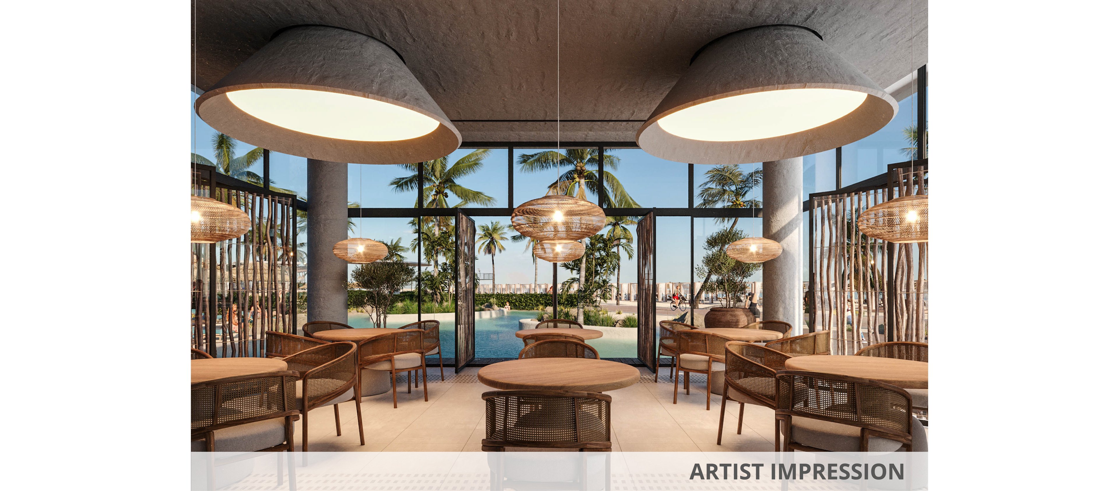 A contemporary restaurant interior features wooden tables and woven chairs arranged beneath large pendant lights. Floor-to-ceiling windows open to a view of palm trees and a turquoise swimming pool outside. Natural materials, warm lighting, and neutral tones create a relaxed tropical atmosphere. The space appears calm and inviting, ideal for resort dining or a beachside lounge.