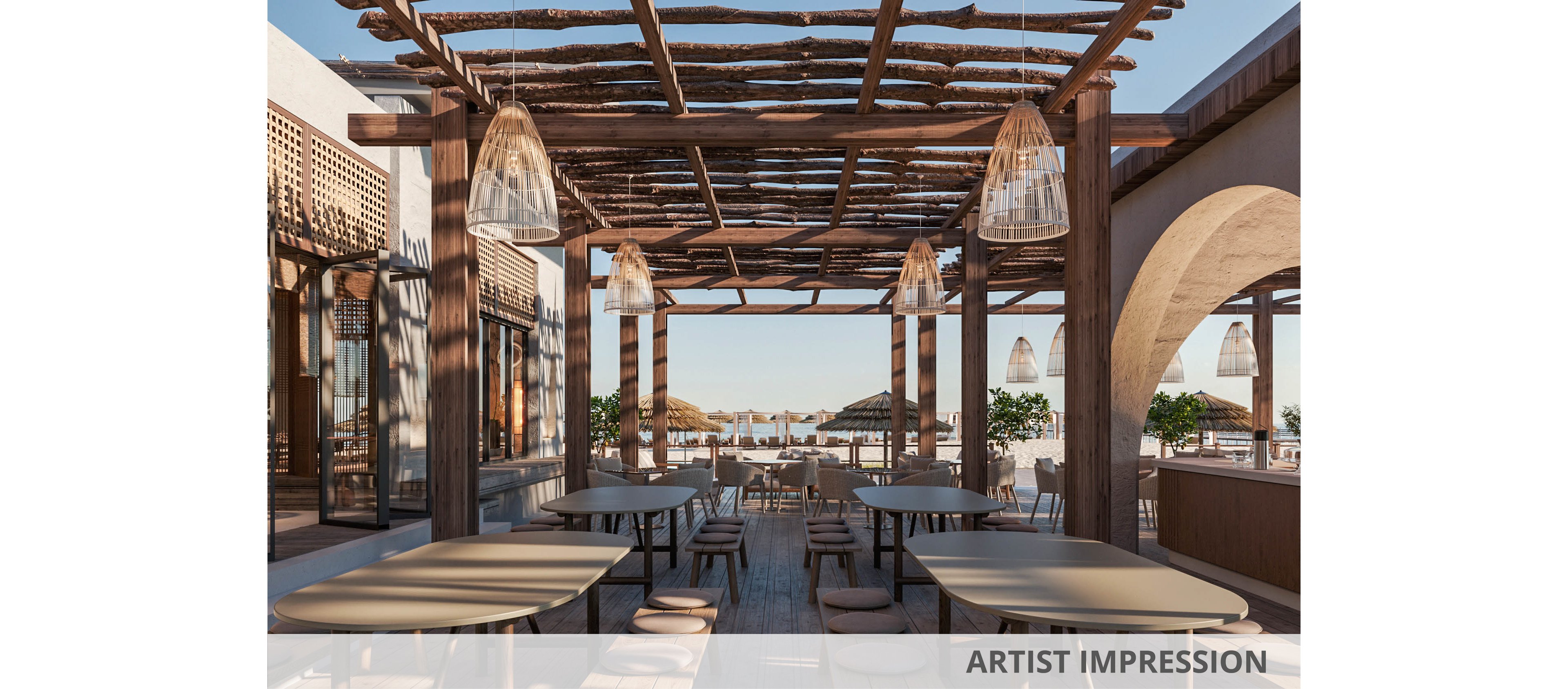 An open-air restaurant terrace features multiple tables and chairs arranged beneath a wooden pergola. Woven pendant lights hang from the beams, casting soft shadows across the deck. Large windows and an arched bar area frame views of the sandy beach and ocean in the background. The warm natural materials and neutral tones create a relaxed coastal dining atmosphere.