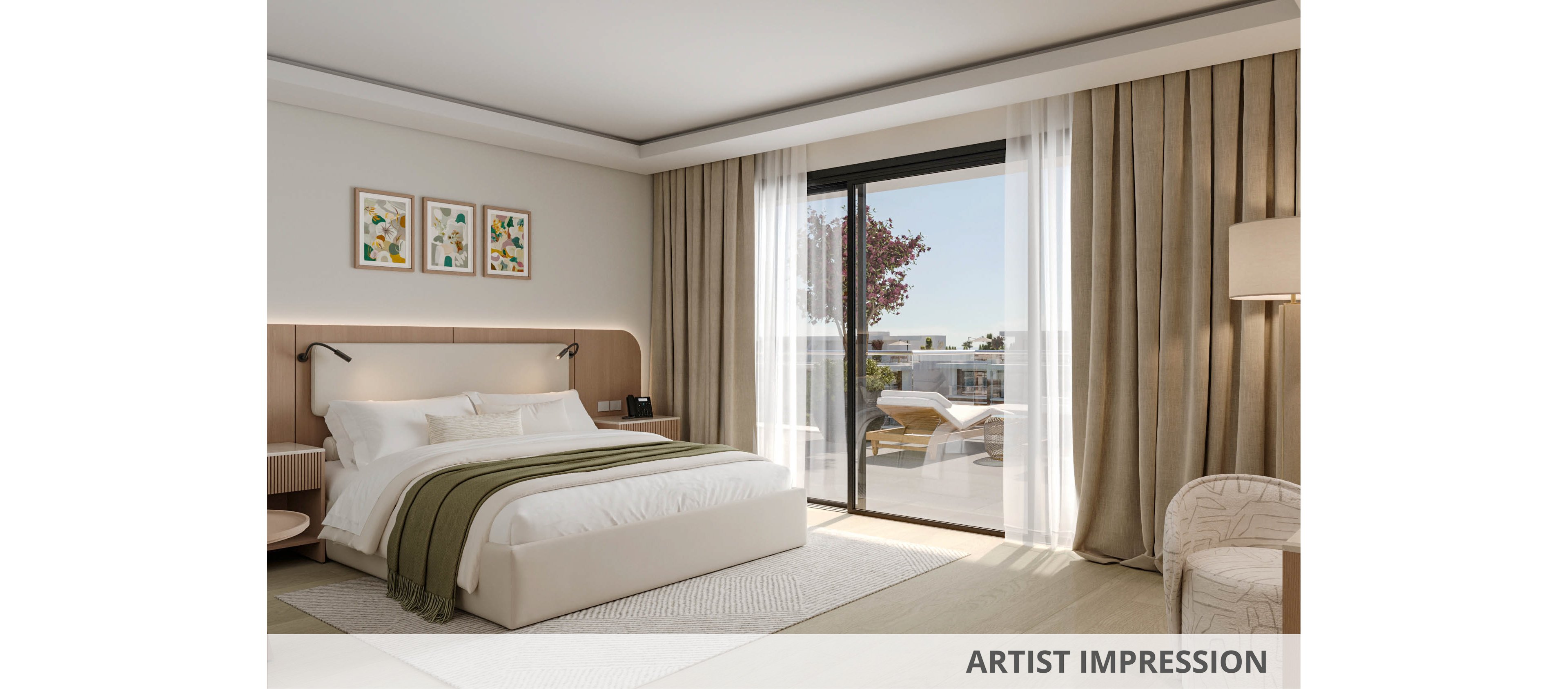 A contemporary hotel bedroom features a large bed with white linens and a green throw blanket. Light wood furniture, including bedside tables and a desk, complement the neutral decor. Floor-to-ceiling curtains frame a glass sliding door that opens to a balcony with outdoor seating and greenery. Soft lighting and minimal artwork create a calm, inviting atmosphere.