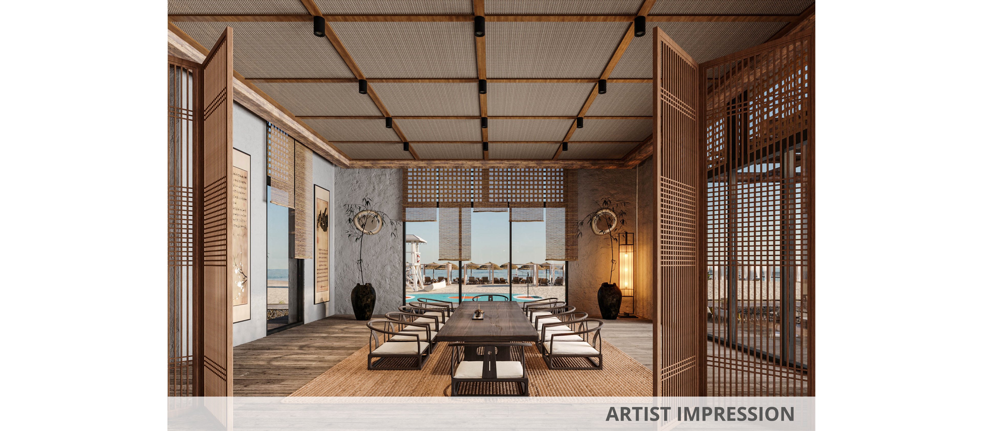 A spacious, open-air lounge features low modern seating arranged around a central table. The interior showcases warm wooden slats, woven textures, and minimalist decor with large vases and wall art. Sliding wooden screens frame a view of a bright blue pool and the ocean beyond. Natural light floods the space, creating a serene, resort-like atmosphere ideal for relaxation.