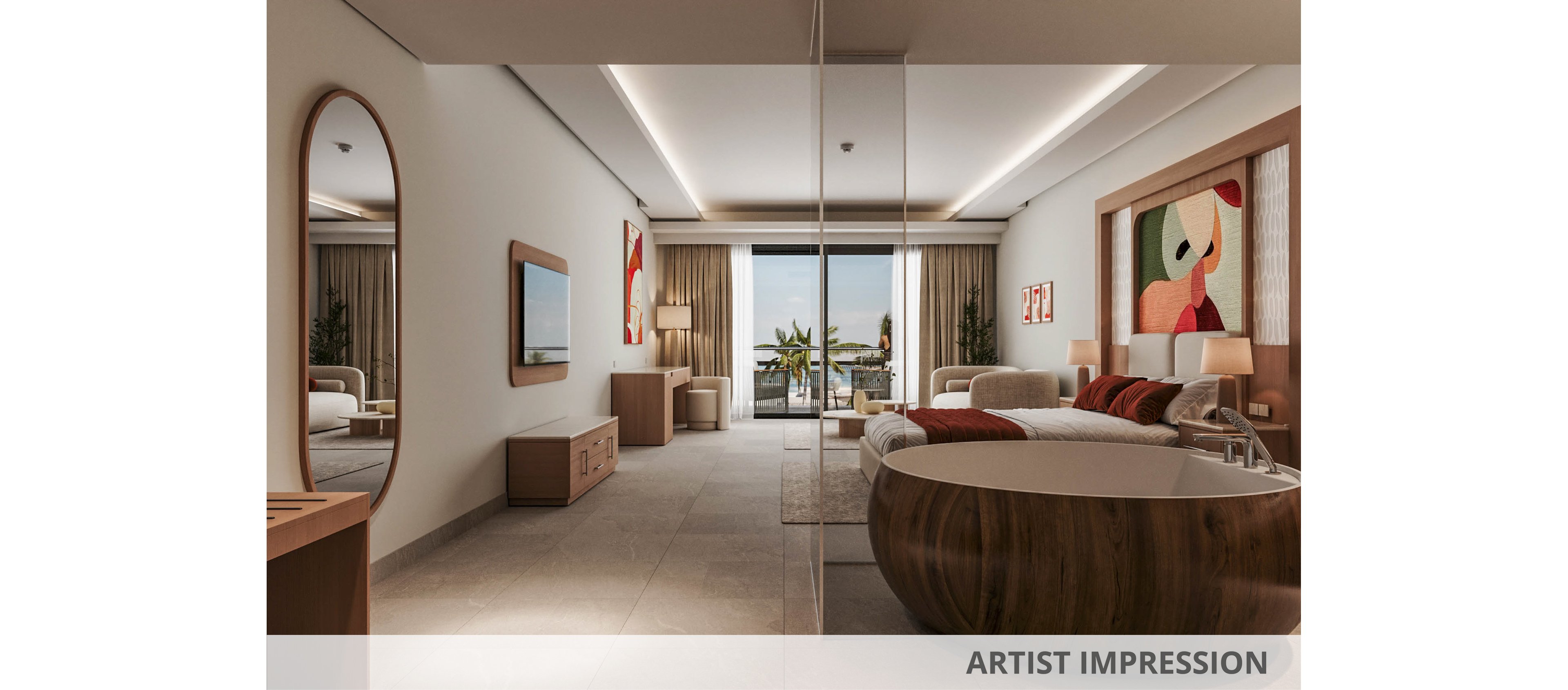 A spacious contemporary hotel suite features a large wooden freestanding bathtub near the bed. Neutral tones dominate the room, complemented by warm wood furniture and soft ambient lighting. Abstract artwork hangs above the bed and on the walls, adding a modern artistic touch. Floor-to-ceiling glass doors open to a balcony with outdoor seating and a view of palm trees and the sea.