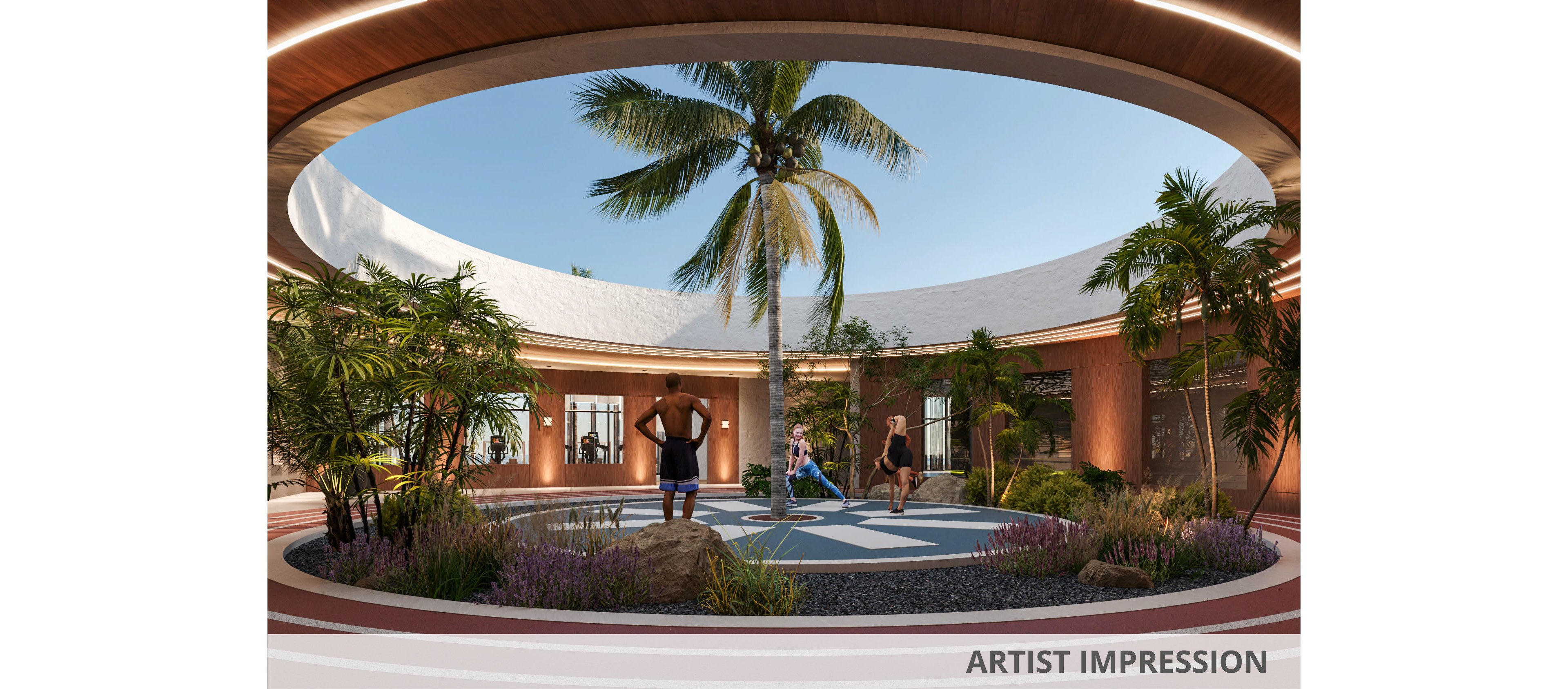 A contemporary circular courtyard gym features an open roof with a central palm tree and lush tropical plants. Several people exercise and stretch on a track-like surface surrounding a landscaped island. Warm architectural lighting and wood accents create an inviting, resort-style atmosphere. Large windows and doors connect the indoor fitness area to the outdoor courtyard space.