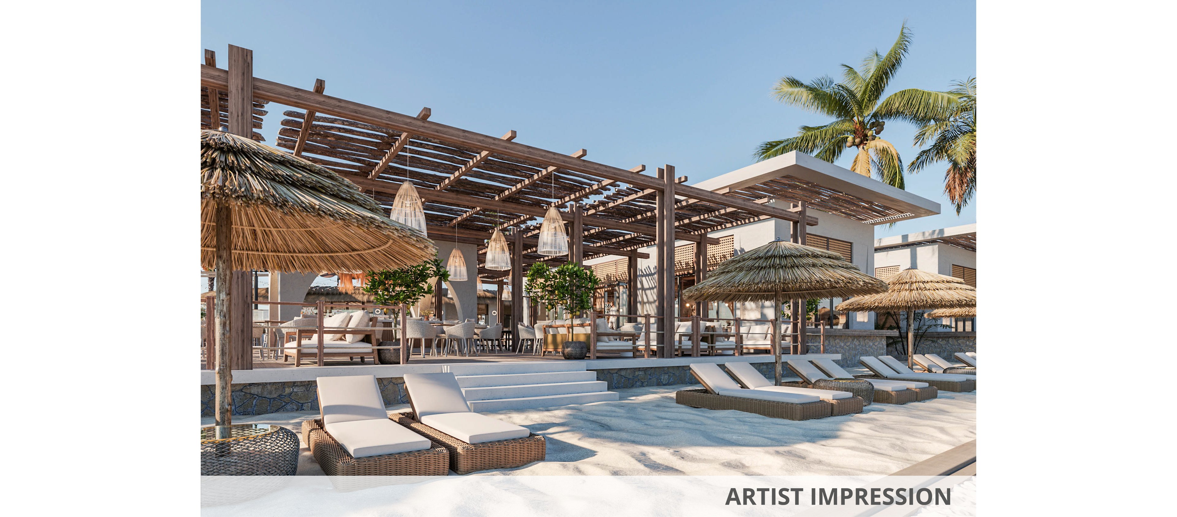 A contemporary beachfront resort features cushioned sun loungers arranged on white sand in front of an open-air lounge. Wooden pergolas with hanging lights and greenery create shaded seating and dining areas. Straw parasols line the beach, while palm trees sway in the background under a clear blue sky. The scene suggests a relaxed, luxurious tropical vacation atmosphere.