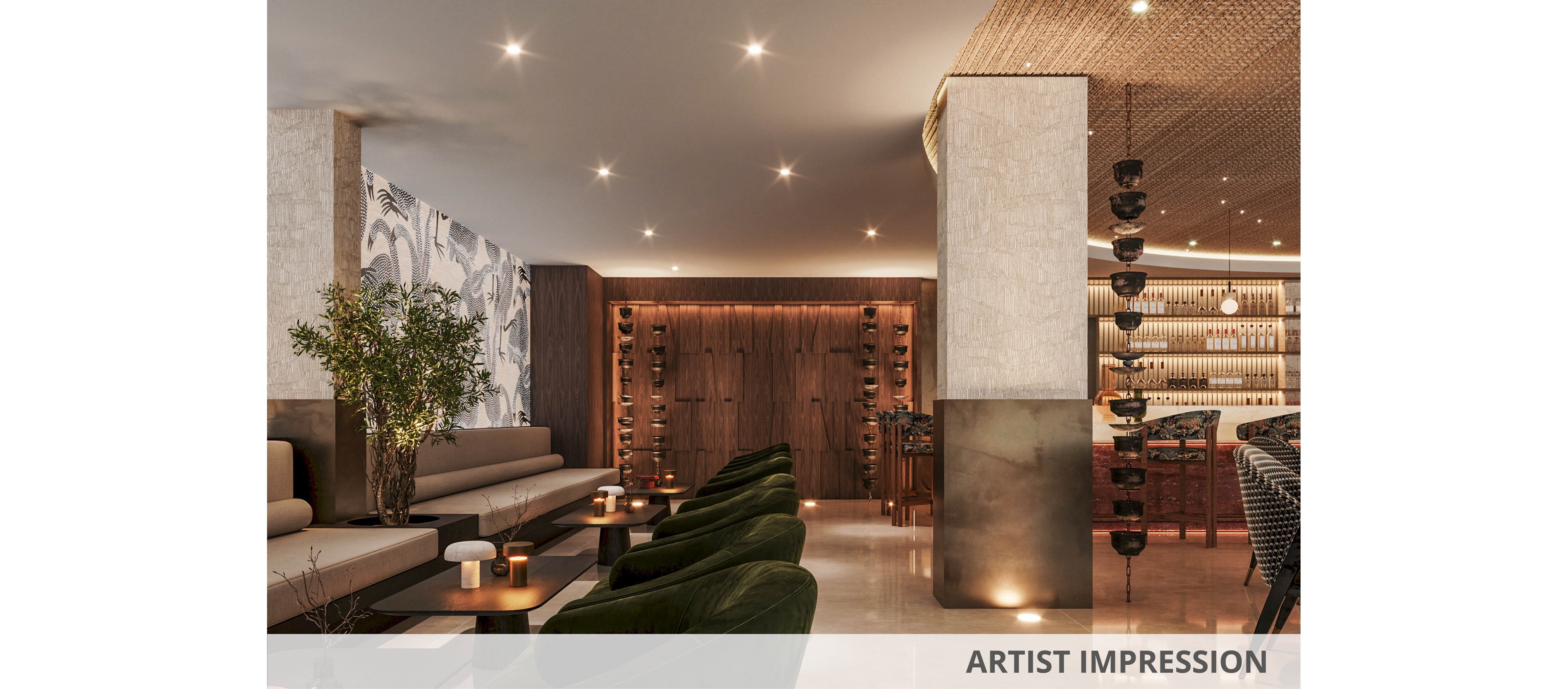 A contemporary lounge bar interior features plush seating and low tables arranged along a polished floor. Warm recessed ceiling lights create a cozy atmosphere, highlighting a textured column and wood-paneled walls. A patterned mural with large abstract leaves decorates one side, while shelves of bottles line the bar area in the background. The space appears calm and inviting, designed for relaxed socializing in an upscale setting.