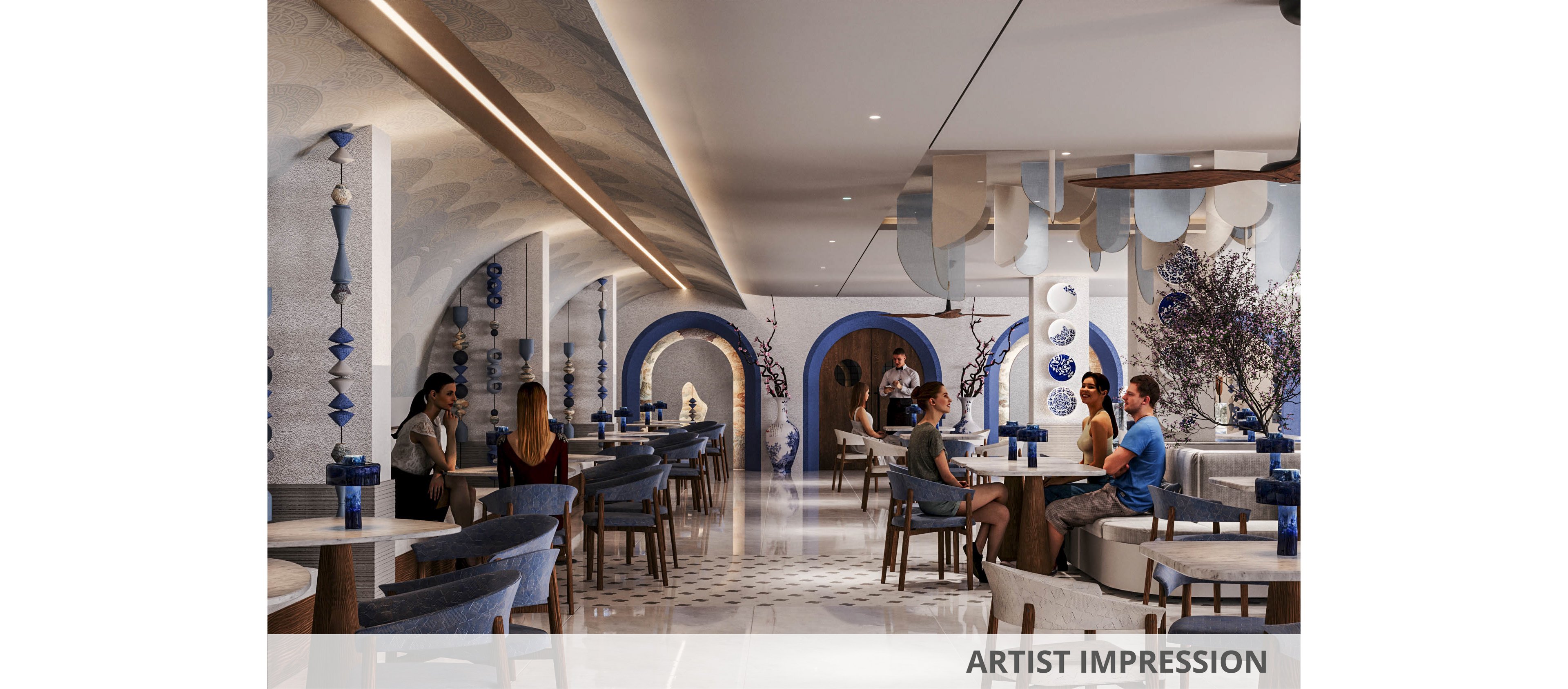 A contemporary restaurant interior features arched walls and a blue-and-white Mediterranean-inspired design. Diners sit at round and rectangular tables, engaged in conversation and enjoying their meals. Decorative hanging elements, patterned tiles, and ceramic wall art add visual interest throughout the space. Soft, warm lighting and glossy flooring create an inviting and upscale dining atmosphere.