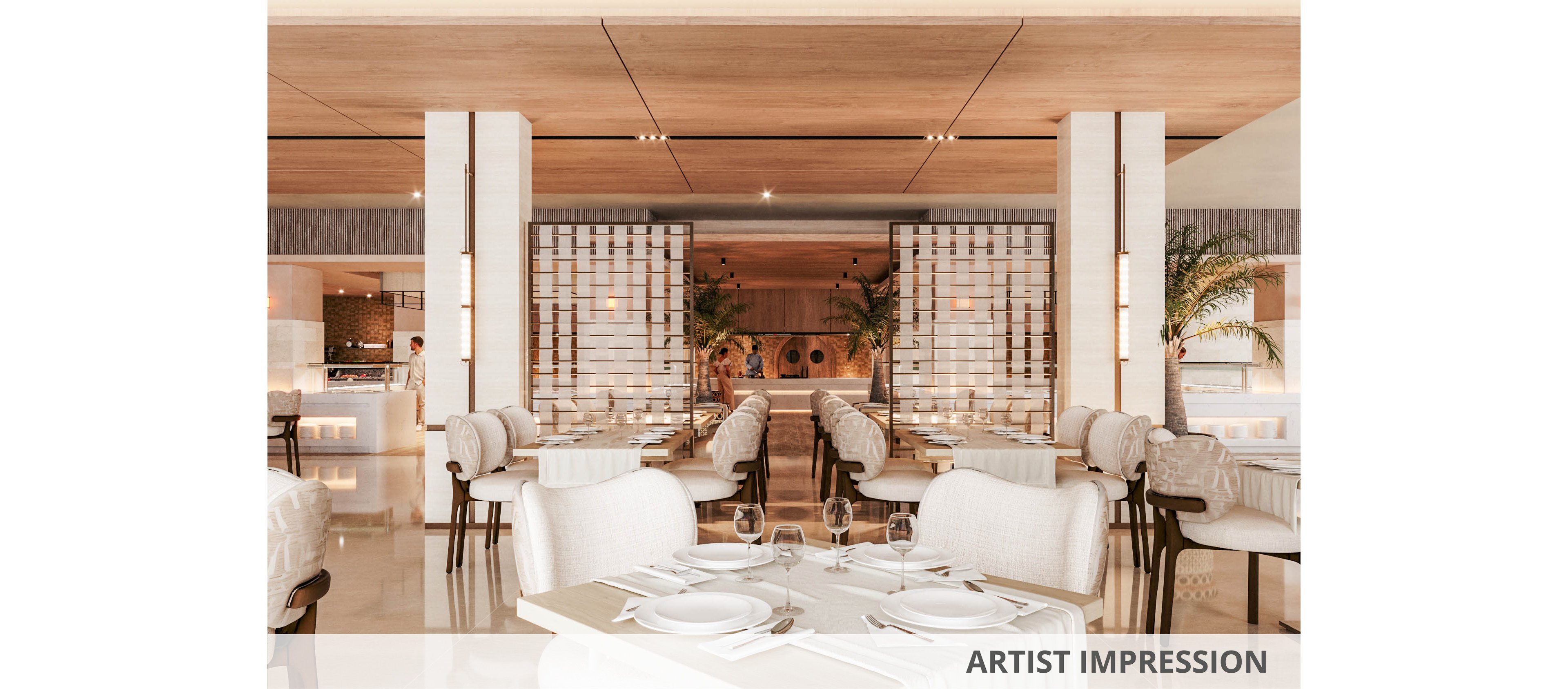 Upscale restaurant interior featuring neatly set dining tables with white plates and napkins. The space is open and airy, with neutral tones, light wood accents, and polished floors. Decorative room dividers and indoor palm trees create a sophisticated ambiance. Soft, warm lighting enhances the elegant and contemporary design of the empty dining area.