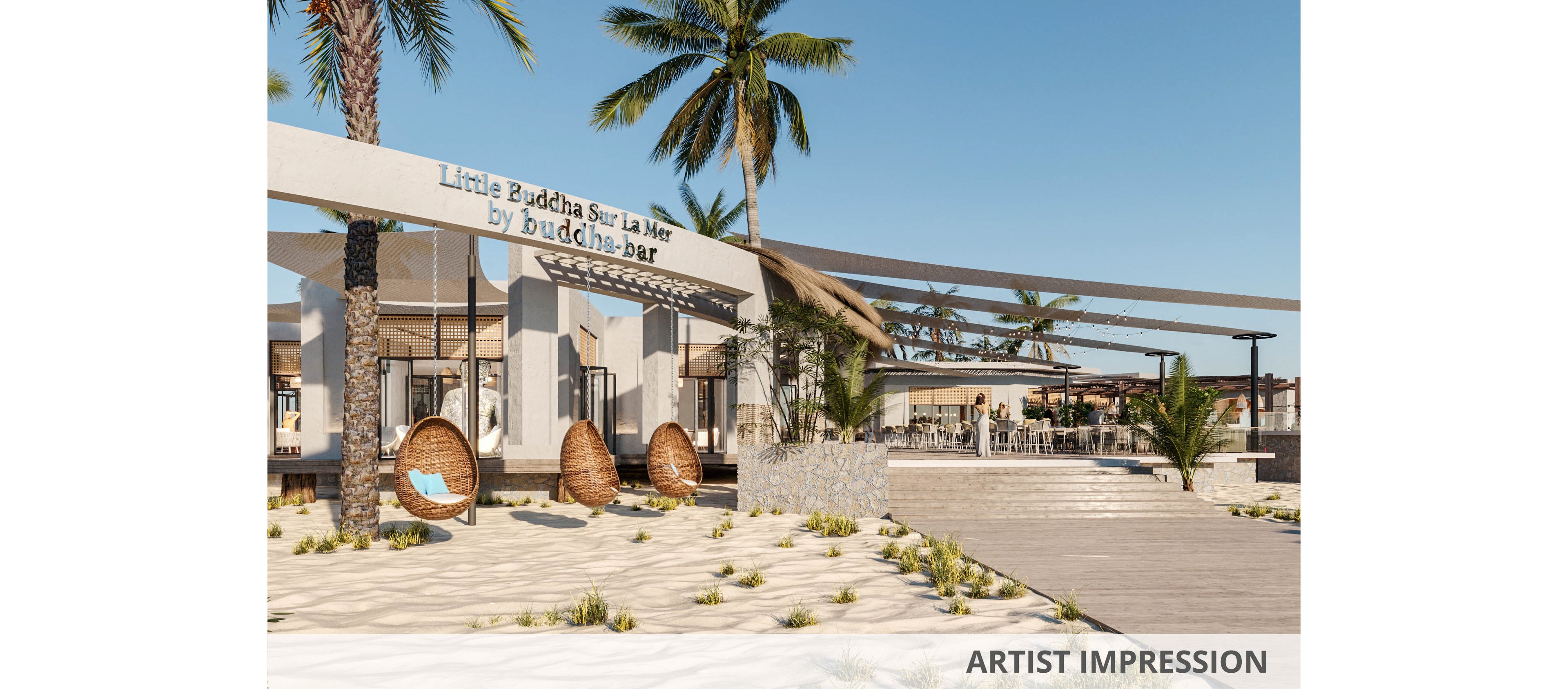 A contemporary open-air bar sits directly on a sandy beachfront lined with palm trees. The structure features clean architectural lines, white walls, and large glass openings that connect indoor and outdoor spaces. Cozy hanging wicker chairs and outdoor seating areas invite guests to relax by the sea. The bright daylight and soft neutral tones create a calm, upscale coastal atmosphere.