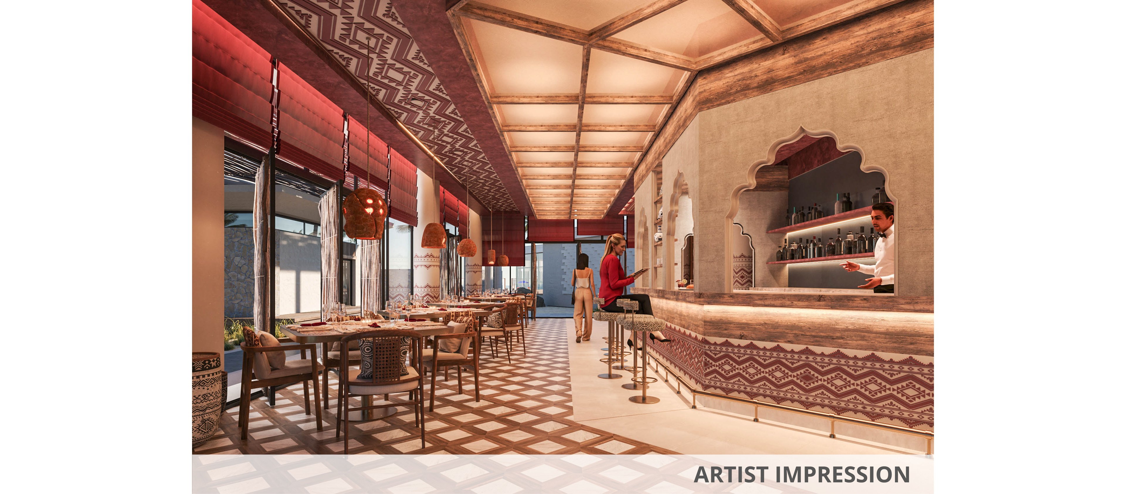 A contemporary restaurant interior features a long bar counter and neatly arranged dining tables. Warm lighting highlights the patterned ceiling, walls, and floor tiles with ethnic-inspired motifs. A staff member stands behind the bar while another person approaches the counter, adding a sense of activity. Large windows on the side bring in natural light, balancing the cozy, earthy color palette.