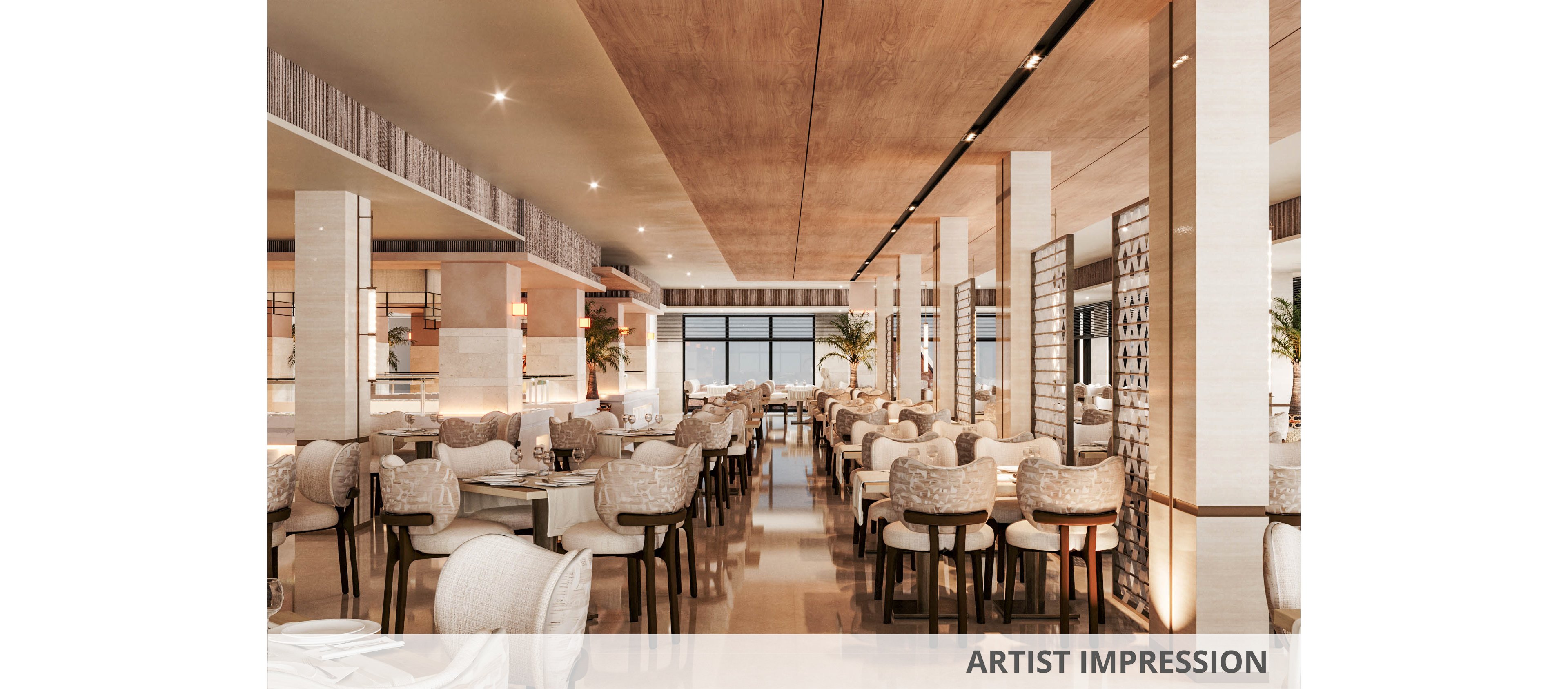 A large contemporary restaurant dining area features rows of neatly arranged tables and cushioned chairs. Warm neutral tones, wooden ceilings, and polished floors create an inviting atmosphere. Floor-to-ceiling windows at the far end let in natural light and offer an open, airy feel. Decorative columns, soft lighting, and subtle design accents contribute to a sophisticated, upscale ambiance.