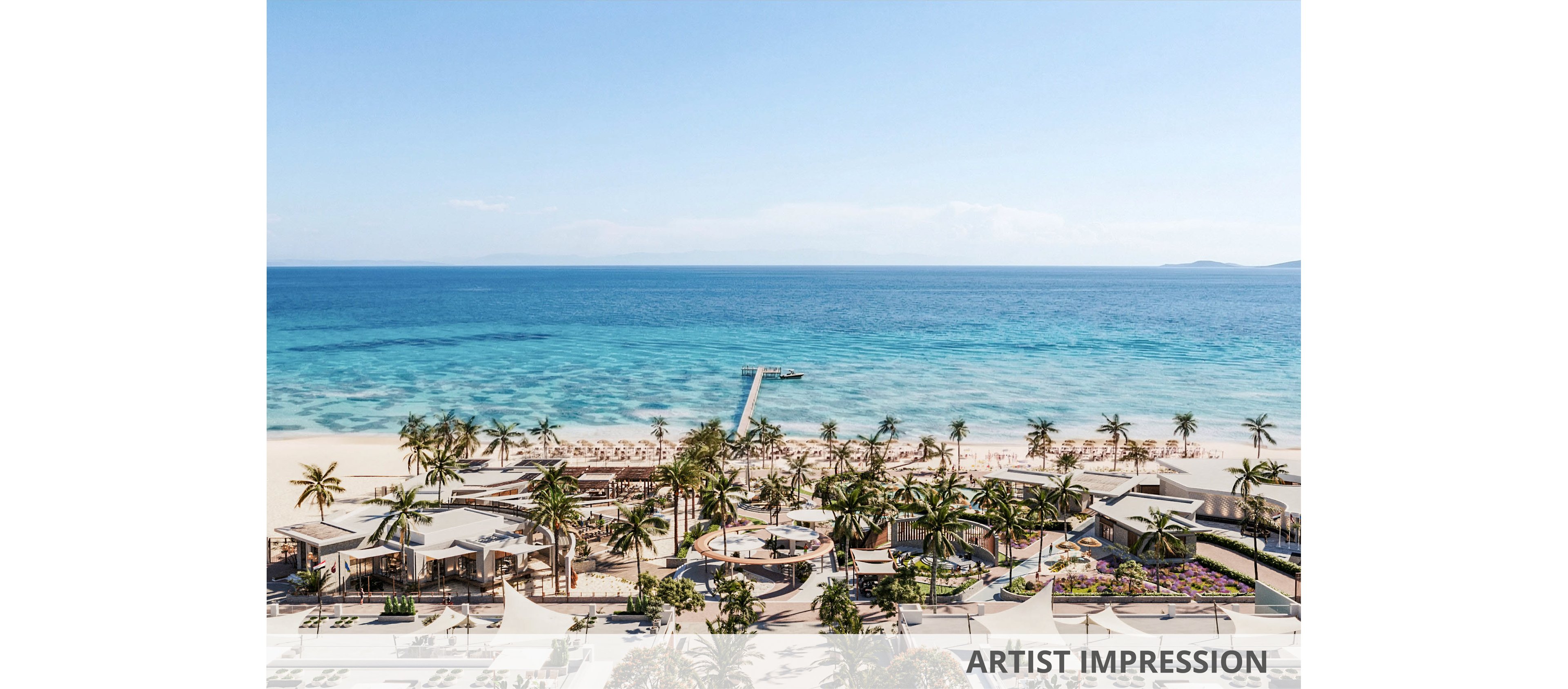 A modern beachfront resort stretches along a white sandy shore lined with palm trees. Multiple low-rise buildings, pools, and shaded lounge areas create a luxurious vacation setting. The calm turquoise ocean extends to the horizon under a clear blue sky. Sun loungers and umbrellas are arranged neatly on the beach, emphasizing relaxation and leisure. The overall scene suggests an upscale tropical destination ideal for holidays and retreats.