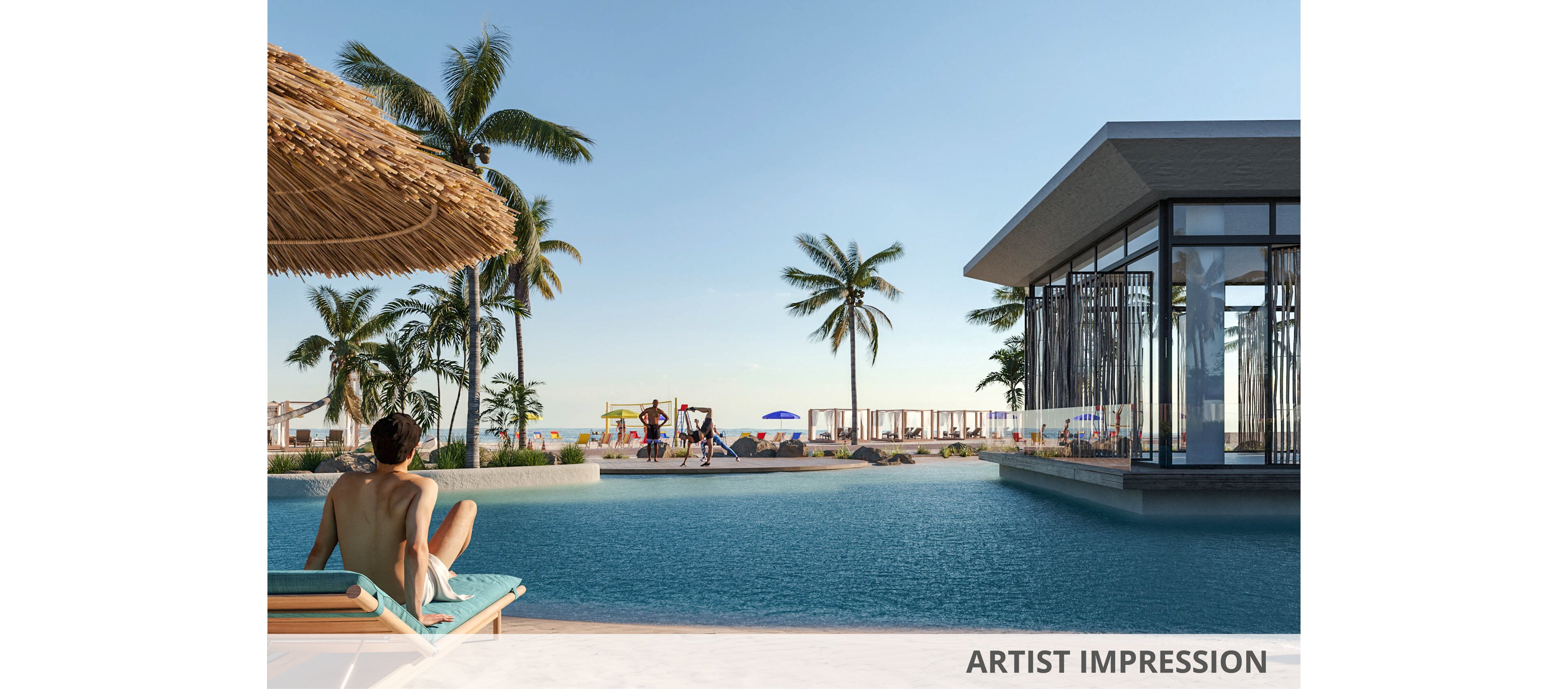 A person relaxes on a lounge chair beside a calm infinity pool at a modern beachfront resort. The scene opens toward a sandy beach with palm trees, umbrellas, and people enjoying the shoreline. On the right, a contemporary glass pavilion stands near the water, adding an upscale architectural element. Clear blue sky and warm sunlight create a serene, vacation atmosphere.
