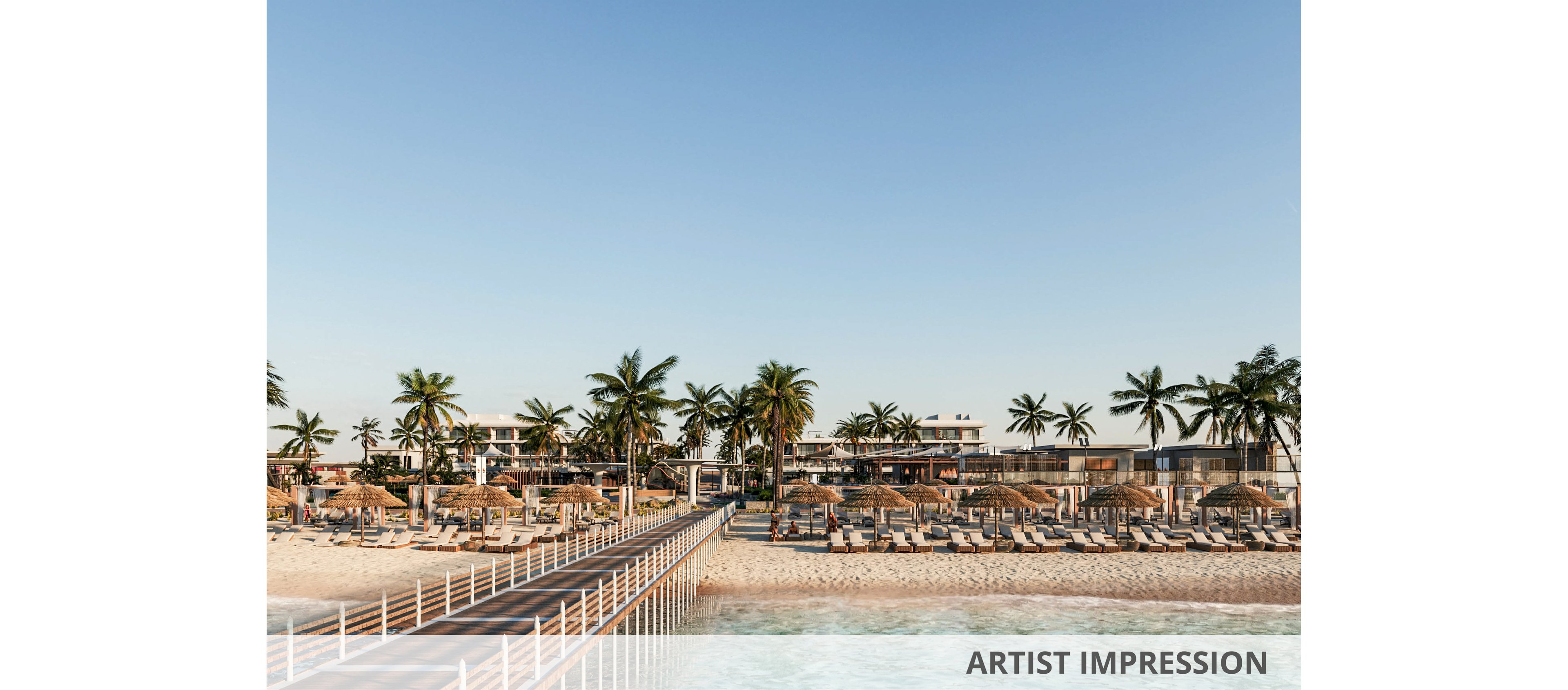 A long wooden pier extends over turquoise water toward a tropical beachfront resort. Rows of sun loungers and straw umbrellas line the sandy beach in front of low-rise modern buildings. Tall palm trees are scattered throughout the property, creating a lush vacation atmosphere. The clear sky and warm light suggest a calm sunrise or late afternoon setting, ideal for a relaxing seaside holiday.