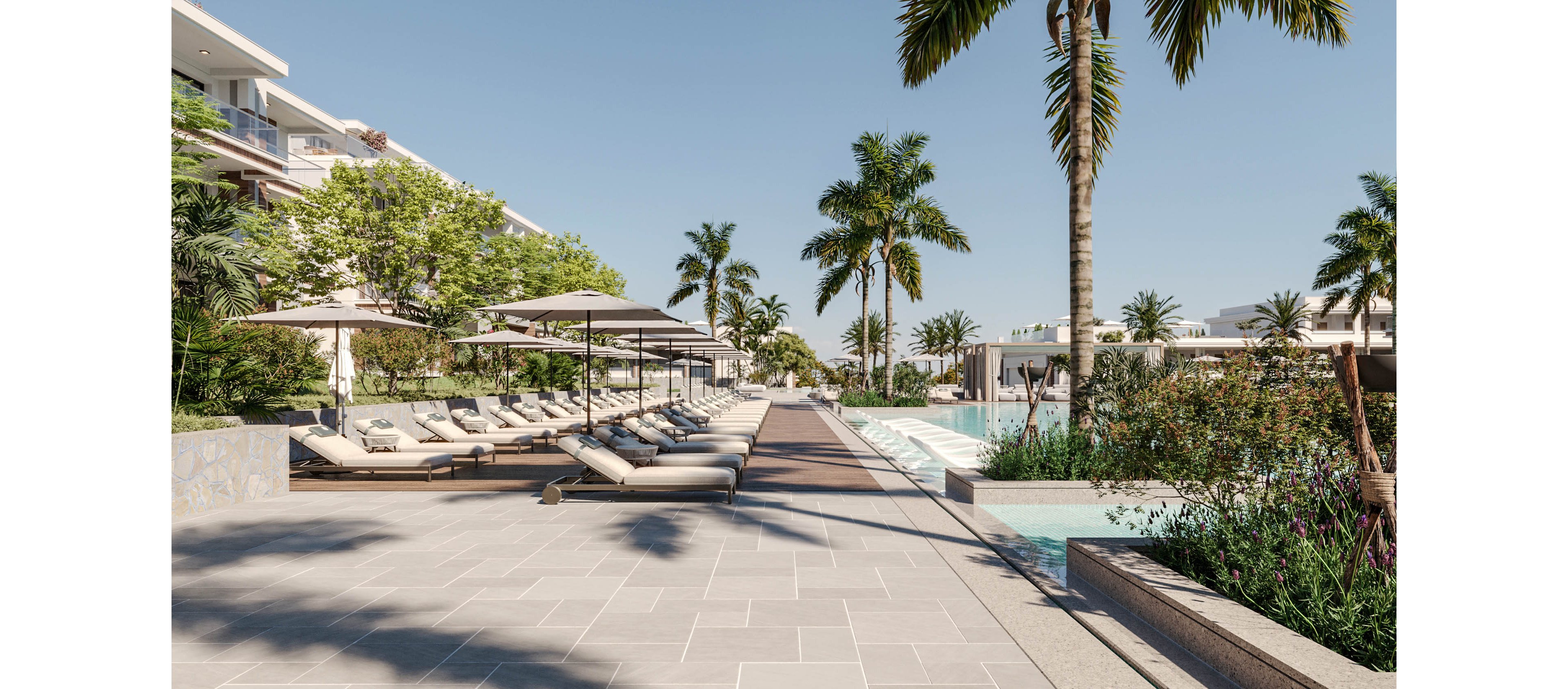 A row of cushioned sun loungers with umbrellas lines a modern resort poolside walkway. Tall palm trees and lush greenery frame the scene, creating a tropical atmosphere. Contemporary white buildings rise in the background, suggesting upscale accommodations. The clear sky and calm water evoke a serene, relaxing vacation setting.