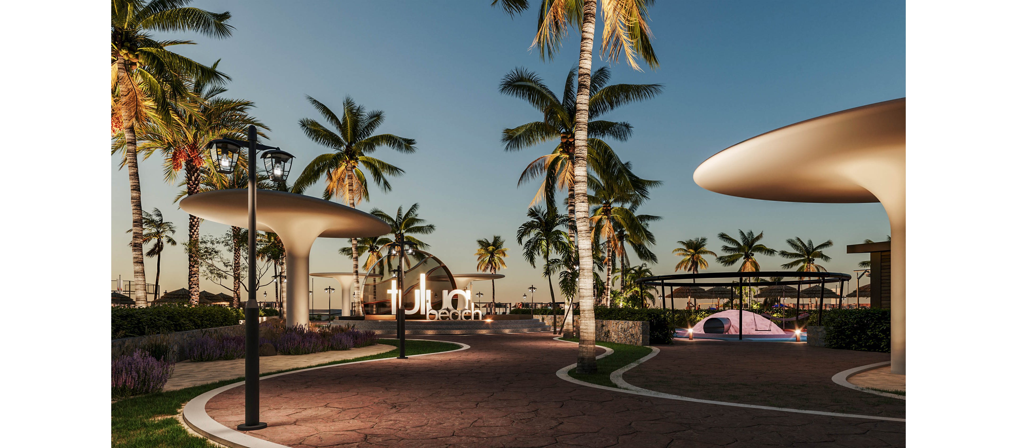 A contemporary beachfront promenade is shown at dusk, lined with tall palm trees and curved architectural canopies. Warm streetlights illuminate the paved walkway, creating a welcoming atmosphere as the sky transitions from day to night. A parked car and distant seating areas suggest a relaxed leisure destination near the water. The word "tulum" appears in illuminated letters, indicating the beach location within this modern coastal setting.