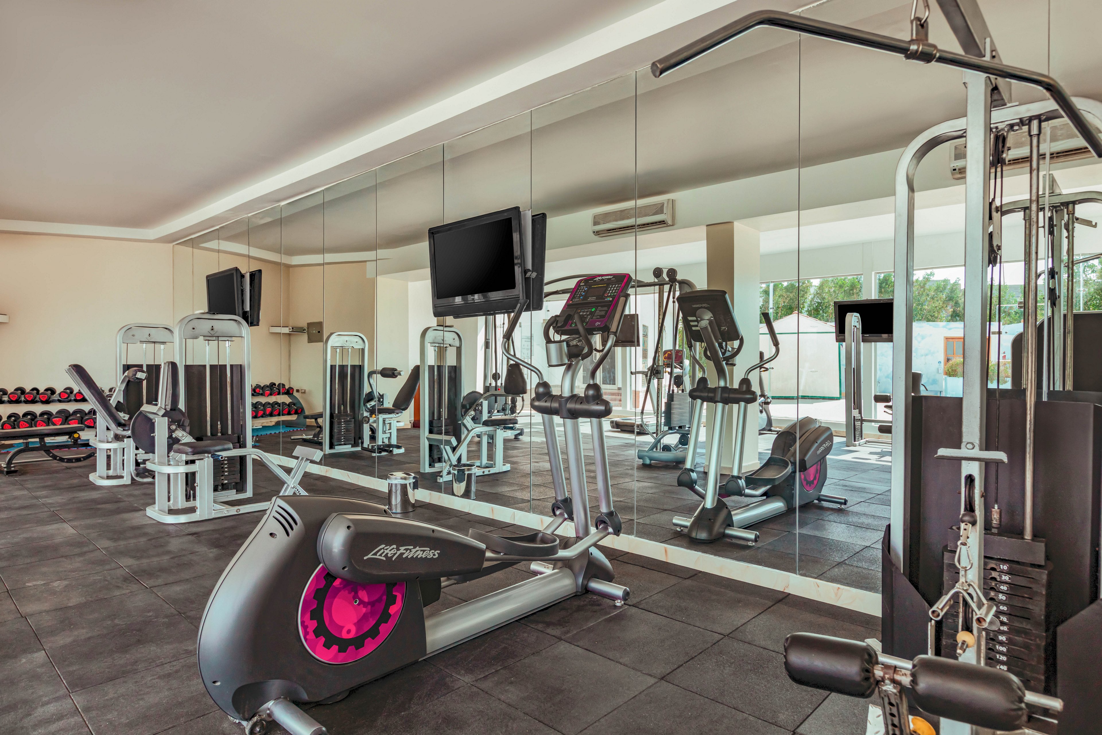 Bright, contemporary gym interior featuring various exercise machines and free weights. Treadmills, stationary bikes, and strength-training equipment are arranged neatly in front of large wall mirrors. A television screen is mounted above the cardio machines, and natural light enters through windows in the background. The space has clean lines, neutral colors, and a professional, well-maintained appearance.