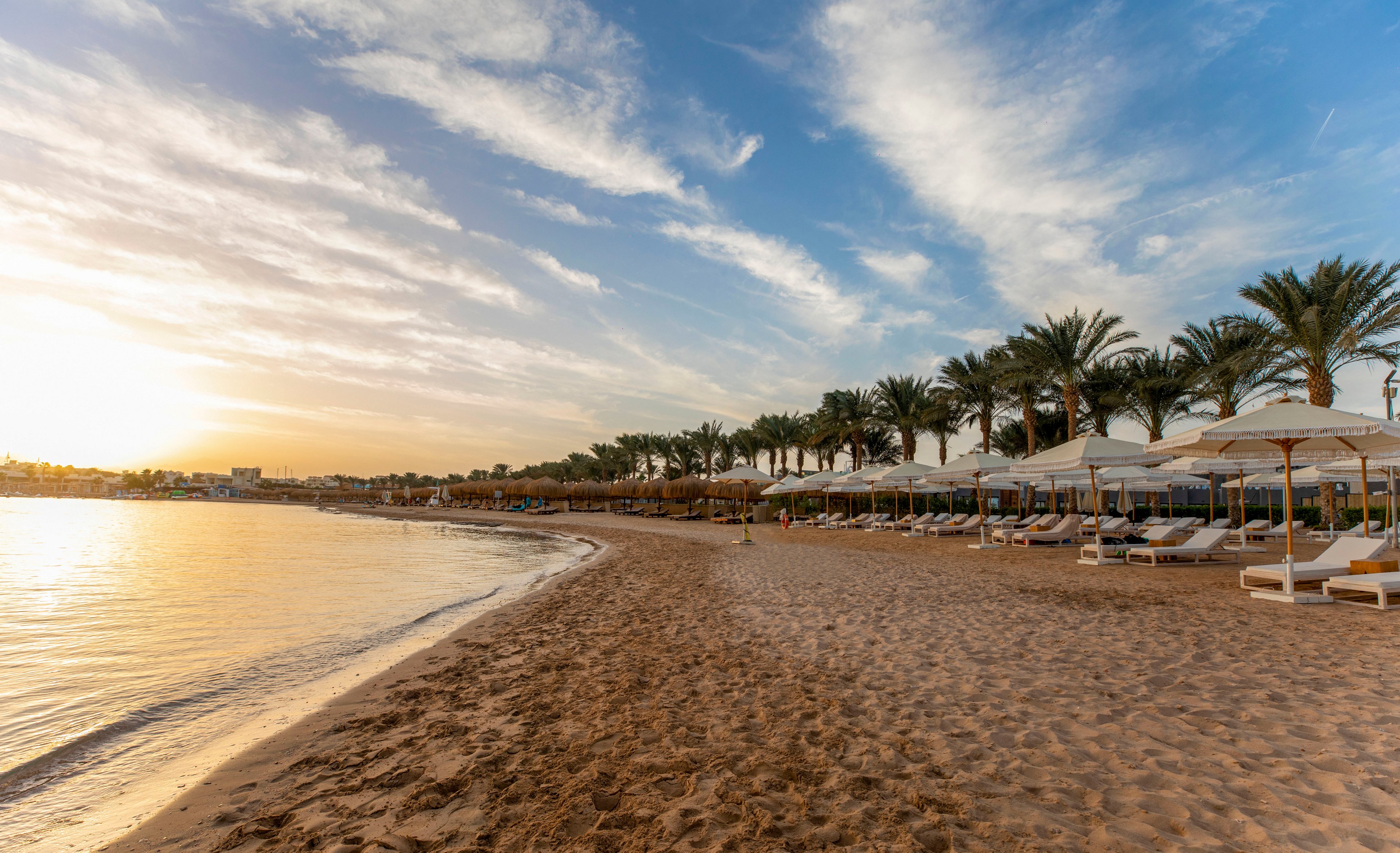 A serene sandy beach is lined with white sun loungers and umbrellas facing the calm sea at sunrise. Tall palm trees border the shoreline, creating a classic tropical resort setting. The golden light reflects on the water and wet sand, while soft clouds stretch across the expansive sky. The scene evokes relaxation, vacation, and peaceful early morning moments by the ocean.