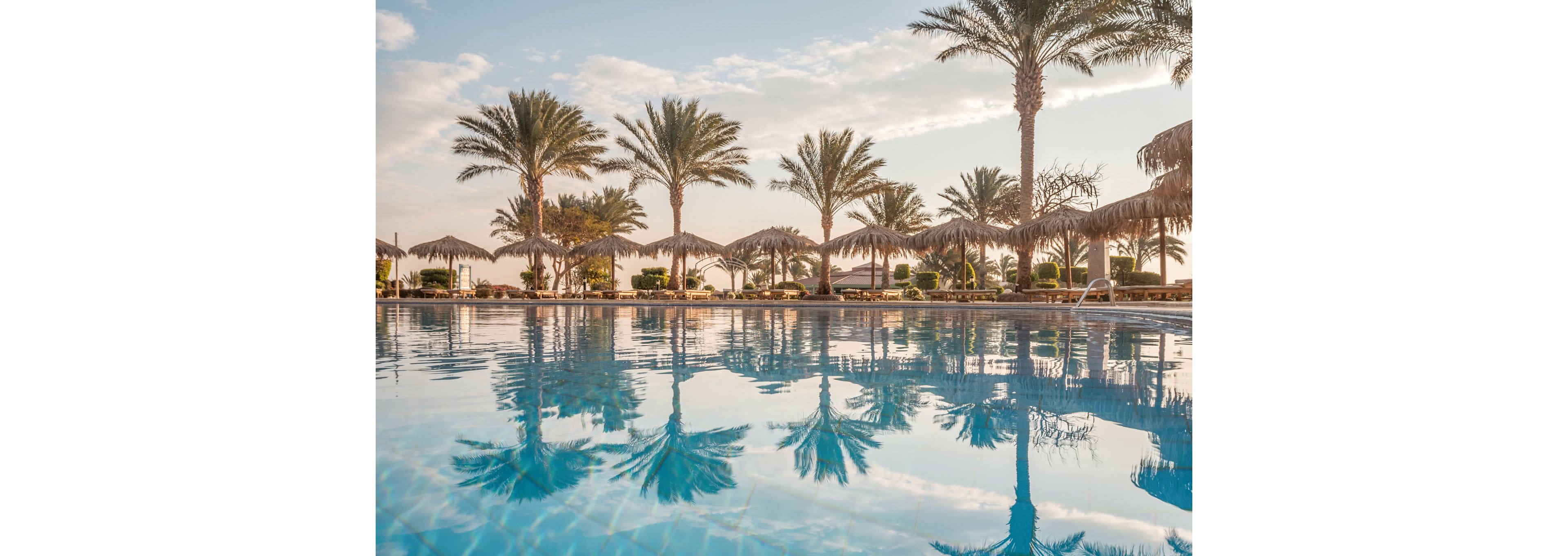 A tranquil outdoor swimming pool reflects tall palm trees under a soft morning sky. Thatched umbrellas and sun loungers line the poolside, suggesting a relaxing vacation setting. The calm water and warm light create a serene, tropical atmosphere ideal for leisure and escape. The scene feels peaceful and inviting, emphasizing rest and relaxation.