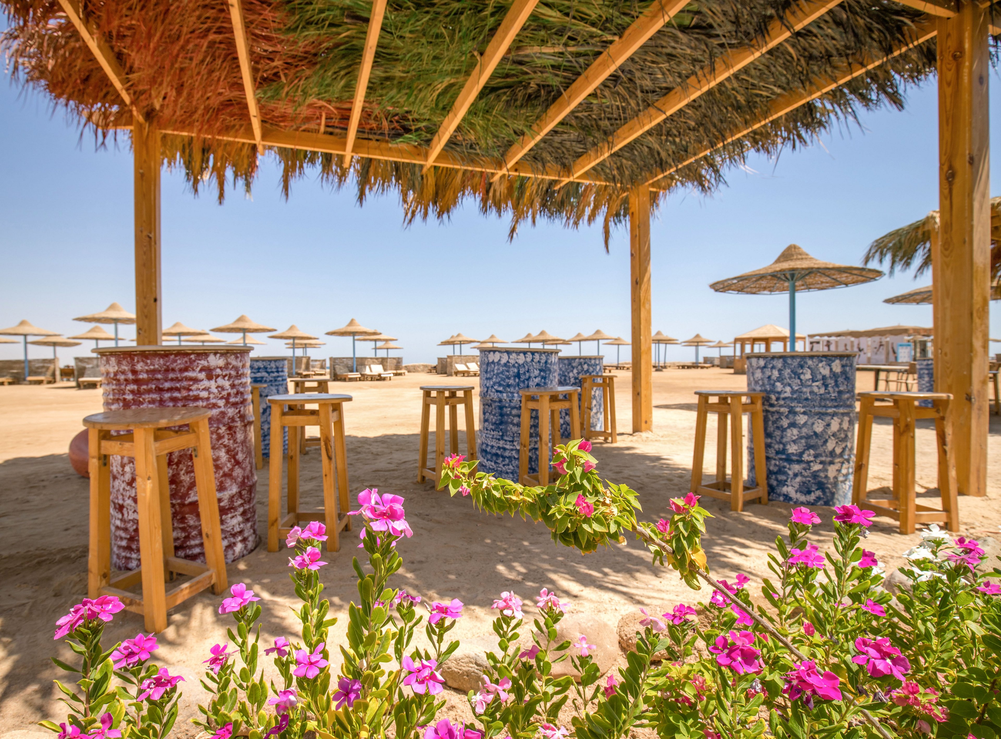 An open-air beach bar terrace features tall wooden stools around patterned barrel tables under a rustic thatched roof. In the foreground, bright pink flowers add a vivid splash of color against the sandy ground. Straw parasols and sun loungers line the beach in the background beneath a clear blue sky. The scene evokes a relaxed, sunny coastal holiday atmosphere.