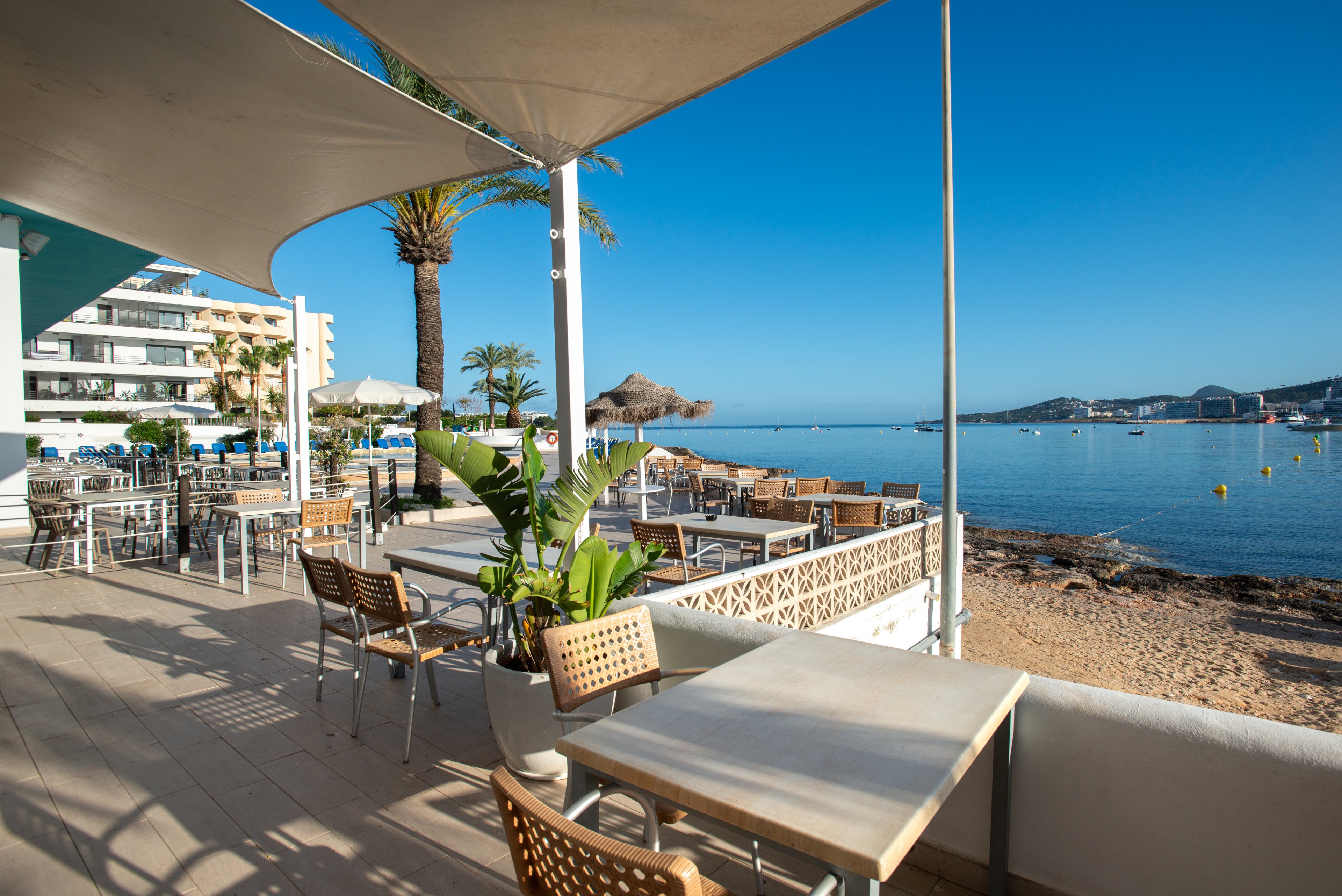 An outdoor cafe terrace sits beside a tranquil sandy beach and calm blue bay. Empty tables and chairs are arranged under modern shade canopies, ready for guests. Palm trees, potted plants, and nearby resort buildings frame the waterfront setting. The clear sky and gentle water create a relaxed, vacation atmosphere.