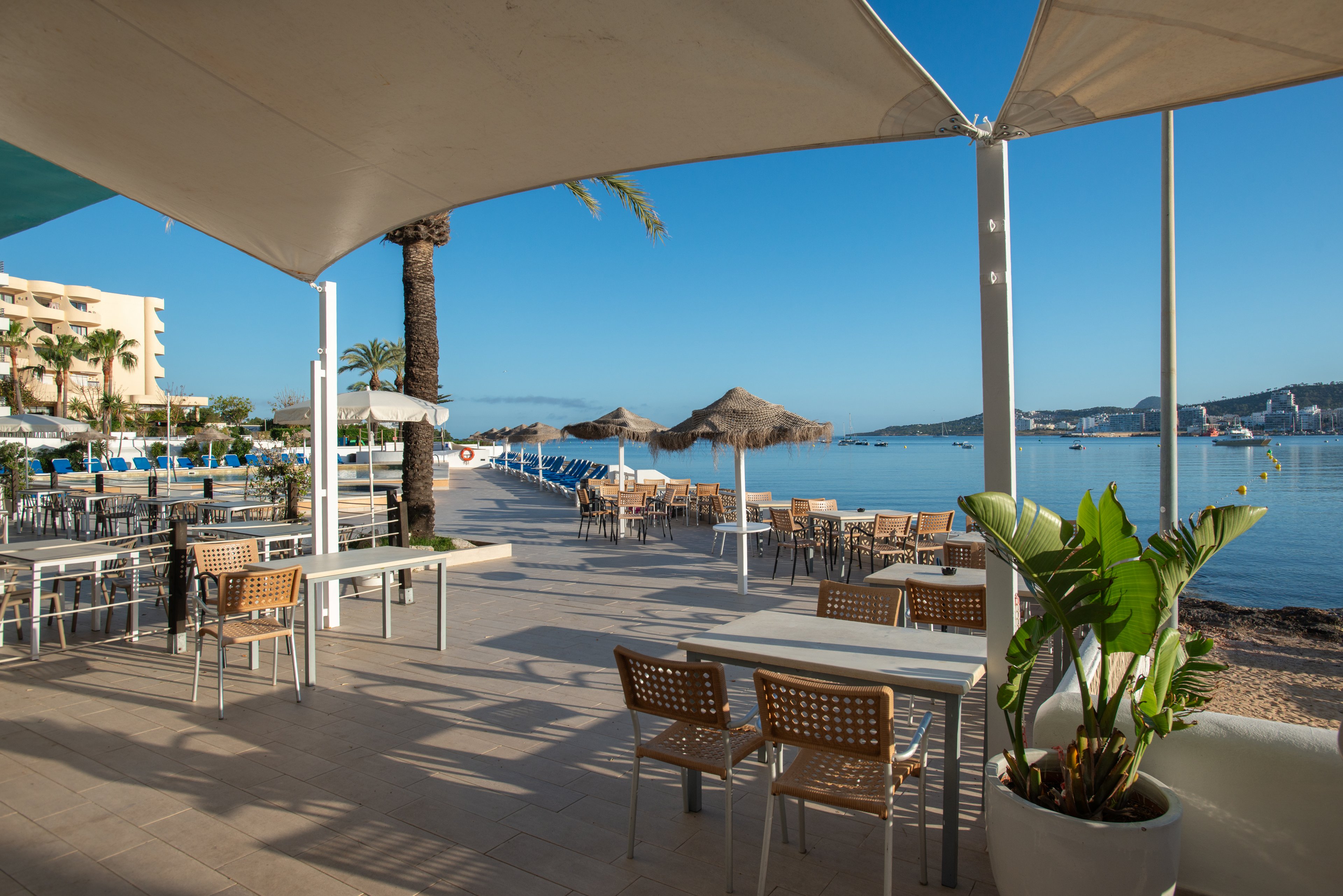 An open-air café terrace sits beside a tranquil seaside bay under large white shade canopies. Empty tables and wicker chairs face the water, suggesting an early morning or quiet off-peak moment. Straw parasols and sun loungers line the sandy beach, while palm trees add a tropical resort atmosphere. Clear blue sky and gentle reflections on the water create a relaxed, vacation-like setting.
