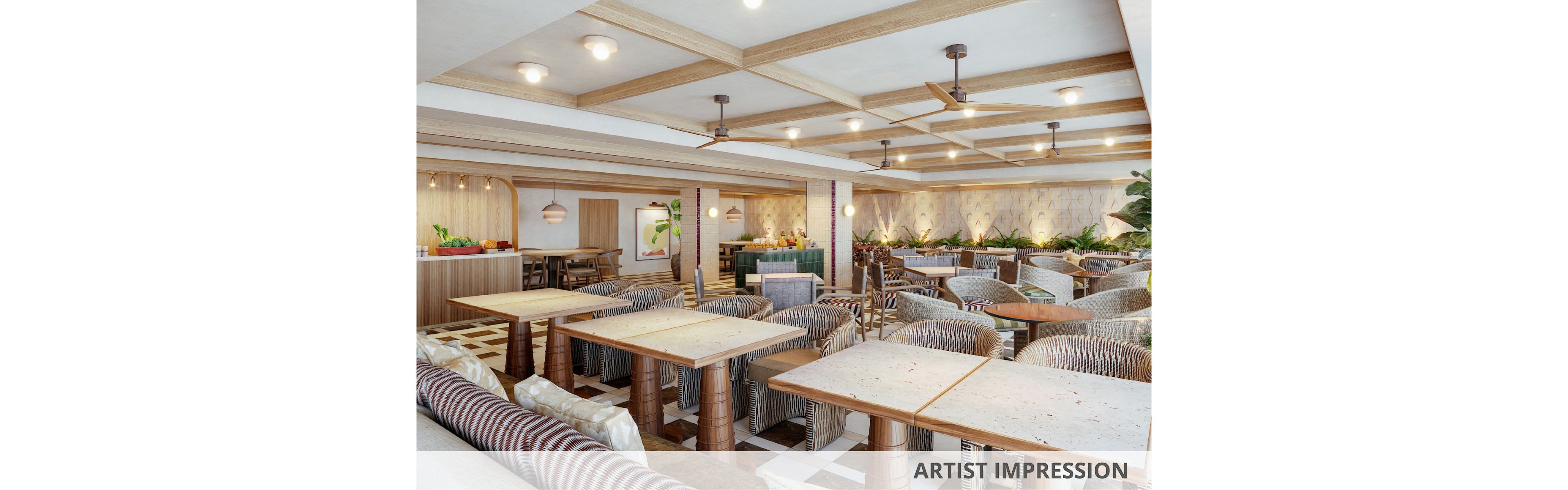 Rendered view of a contemporary restaurant dining area with wooden tables and cushioned chairs. The space features a light wood ceiling with recessed lighting and ceiling fans, creating a bright and airy atmosphere. Decorative plants, patterned upholstery, and warm pendant lights add texture and visual interest throughout the room. The text "ARTIST IMPRESSION" appears along the bottom edge, indicating a conceptual visualization.