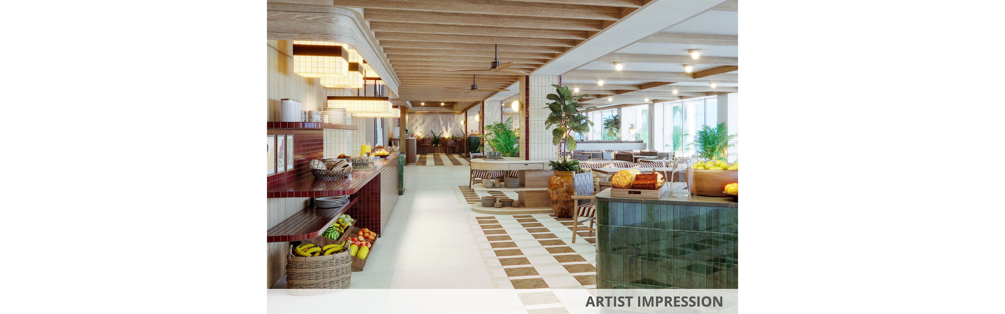 Rendered interior view of a contemporary cafe or restaurant space. The setting features wooden ceiling beams, tiled floors, and long counters displaying bread, pastries, and fresh fruit. Potted plants, wicker baskets, and cushioned seating areas create a relaxed, natural atmosphere. Large windows allow abundant daylight, highlighting the warm neutral and green color palette. The words "ARTIST IMPRESSION" appear in the bottom right corner of the image.