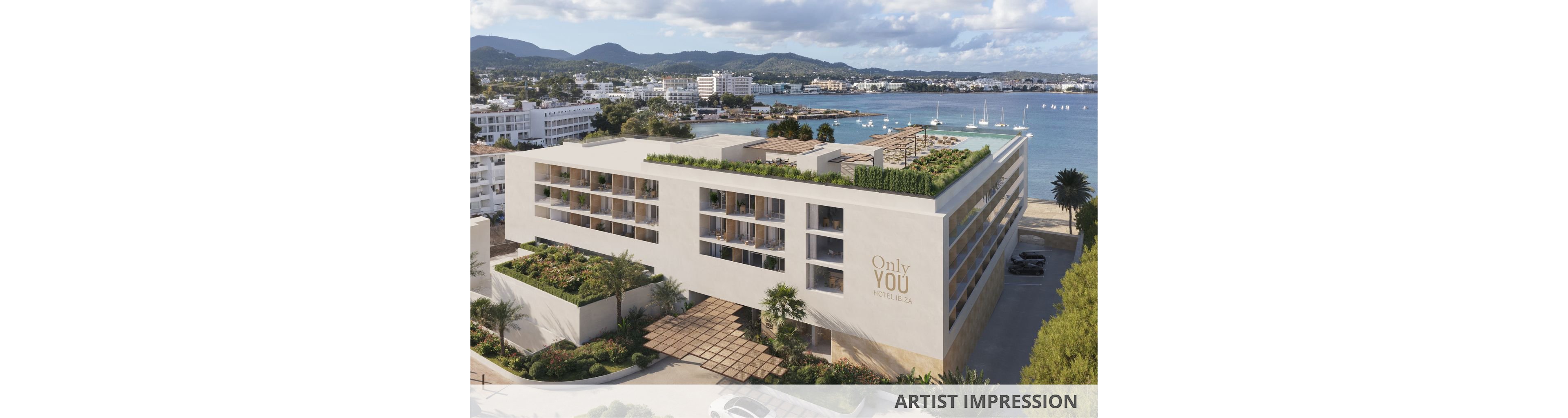 Architectural rendering of a contemporary waterfront hotel named Only YOU Hotel Ibiza. The building features multiple floors with balconies, rooftop greenery, and palm-lined entrances overlooking a marina. Surrounding structures and distant hills frame the coastal urban setting under a partly cloudy sky. A caption at the bottom reads ARTIST IMPRESSION, indicating a visual concept rather than a photograph.
