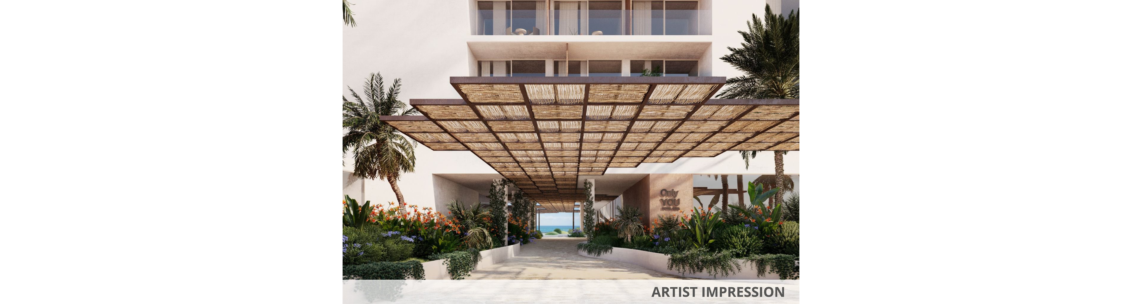 Architectural rendering of a contemporary hotel entrance framed by lush tropical landscaping. A wide wooden pergola structure leads the eye toward the sea visible in the background. The building features clean white facades, balconies, and large glass windows, suggesting a modern coastal resort. Text reading "ARTIST IMPRESSION" appears at the bottom, indicating this is a conceptual visualization.