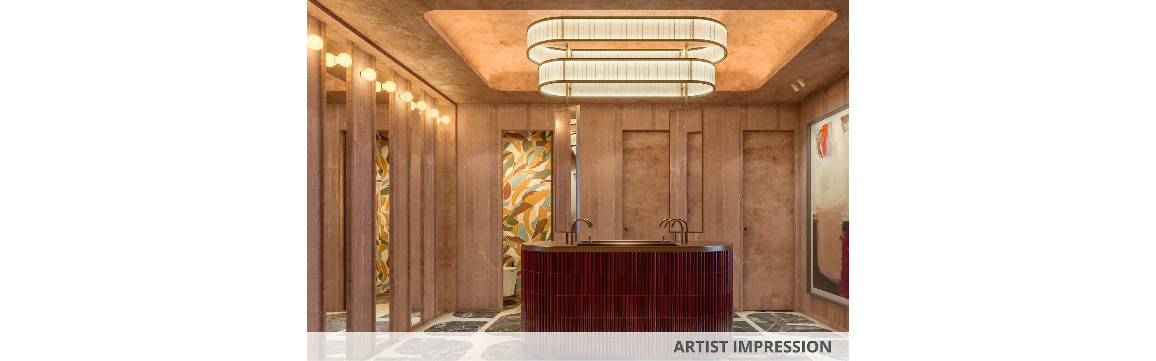 Rendered view of a modern restroom interior featuring a central red-tiled washbasin island with twin faucets. Warm beige walls and vertical panels frame the space, complemented by a large layered ceiling light fixture. Colorful leaf-patterned wall art adds visual interest in the background, while a framed artwork is visible on the right. The phrase "ARTIST IMPRESSION" appears in the lower right corner, indicating a conceptual visualization.